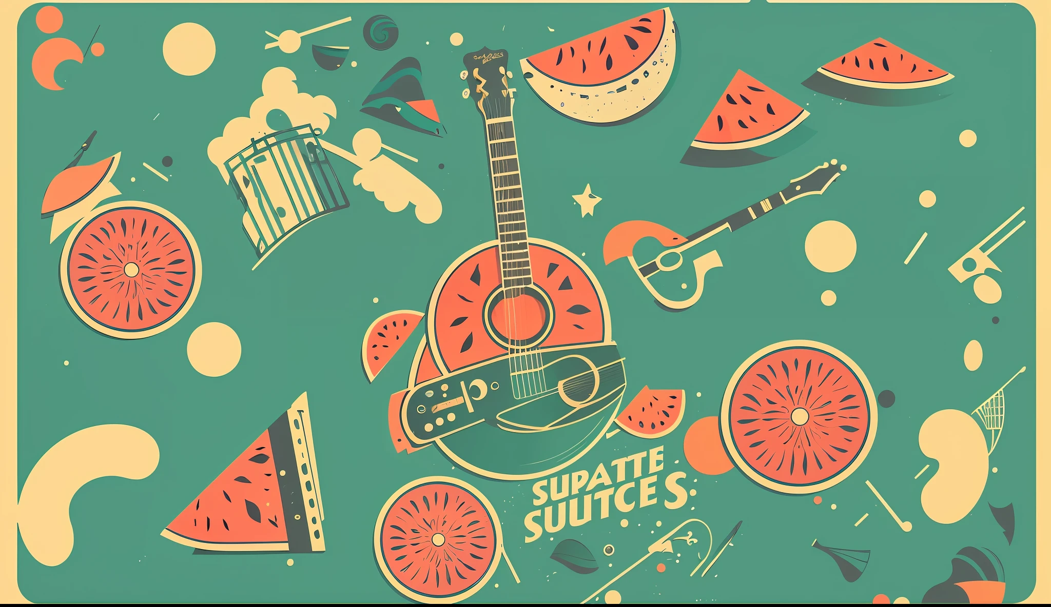 Guitar and watermelon slices on green background, style of ade santora, Sosa Phone, promotional artwork, Inspired by Francis Sousa, best on adobe stock, lute, poster vintage, 🪔 🎨;🌞🌄, Desktop background, illustration!, Inspired by Michael Sufen, inspired by Rudy Siswanto, Illustration style, surreal flat colors