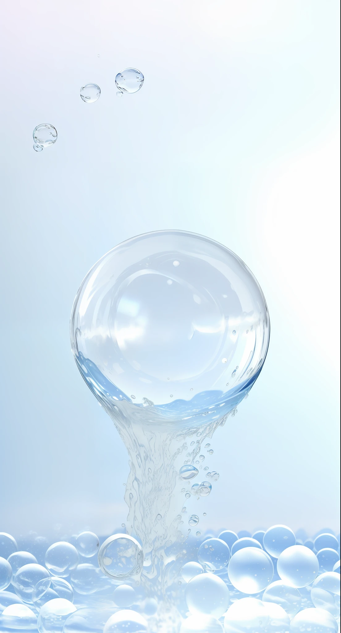 A glass object floats in the water,There are bubbles, water bubbles, 3 d fluid simulation render, Soap Bubbles, water bubbles, water particle in front, condensation droplet render, simulation of water splashes, glass orbs, liquid simulation background, Bubble, translucent sphere, glass orbs, Ethereal bubbles, water particulate, soap bubble mind, airbubble --auto
