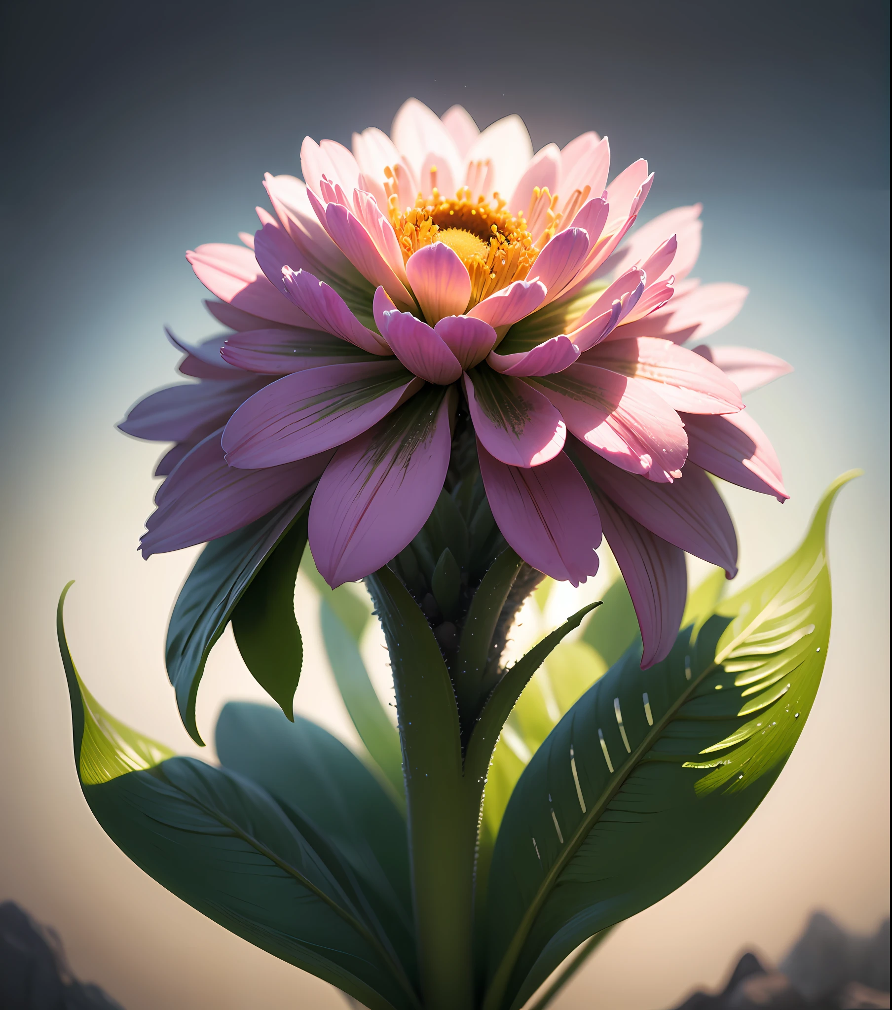 realistic detailed
image of a beautiful flower blooming and bud, lilligant, sunny iridescence on dew drops, epic, cinematic photography with a clear focus, 16k hdr, volumetric lighting, depth of field, hyperrealism of fog and haze, bright colors and textures, unique patterns of nature as an artist, very stunning landscapes --auto