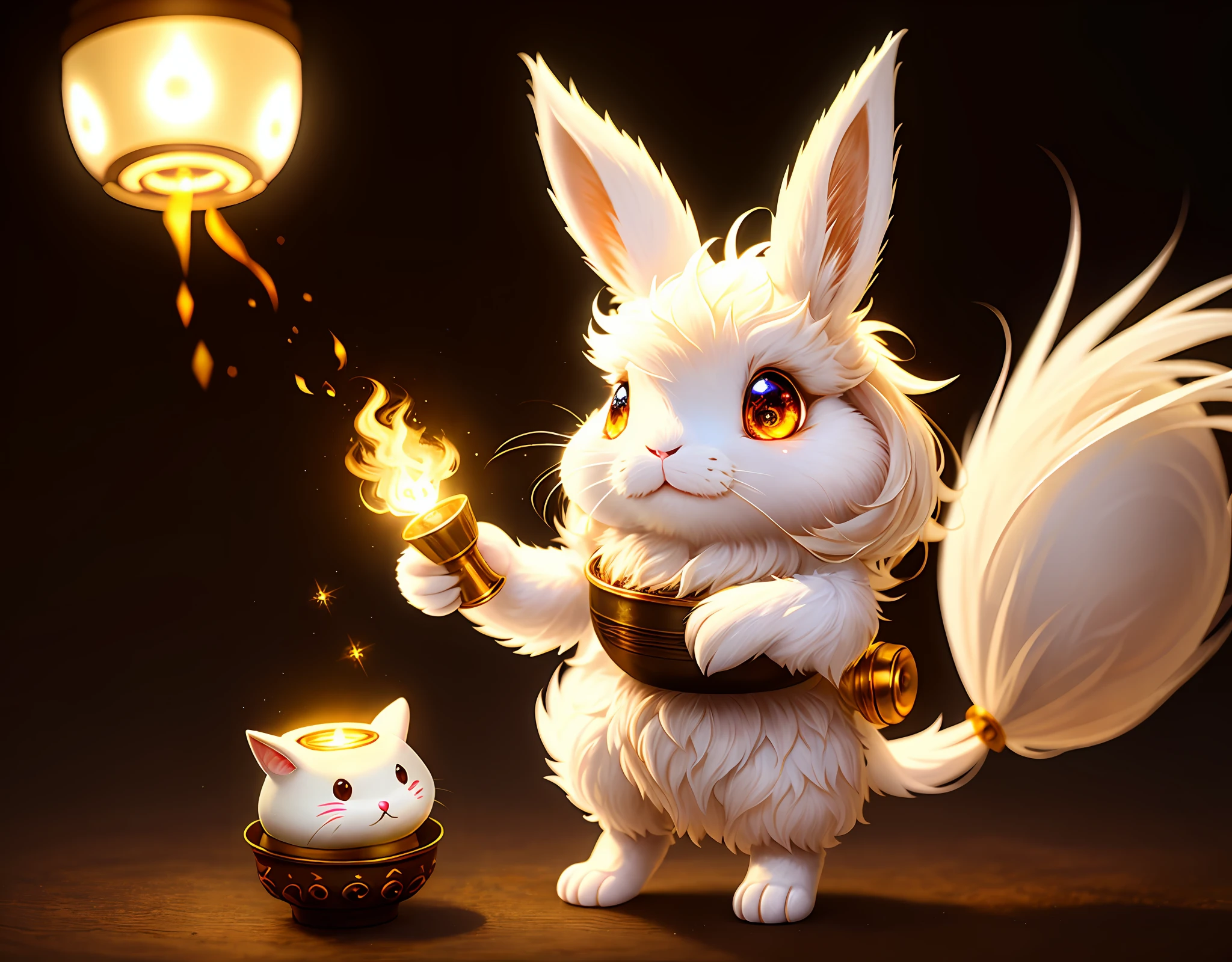Bipedal creature resembling a rabbit, ghostly white fur and solid glowing white eyes, inside a brown pot with la white stripe and black eyes, golden swirl gems, masterpiece, best quality