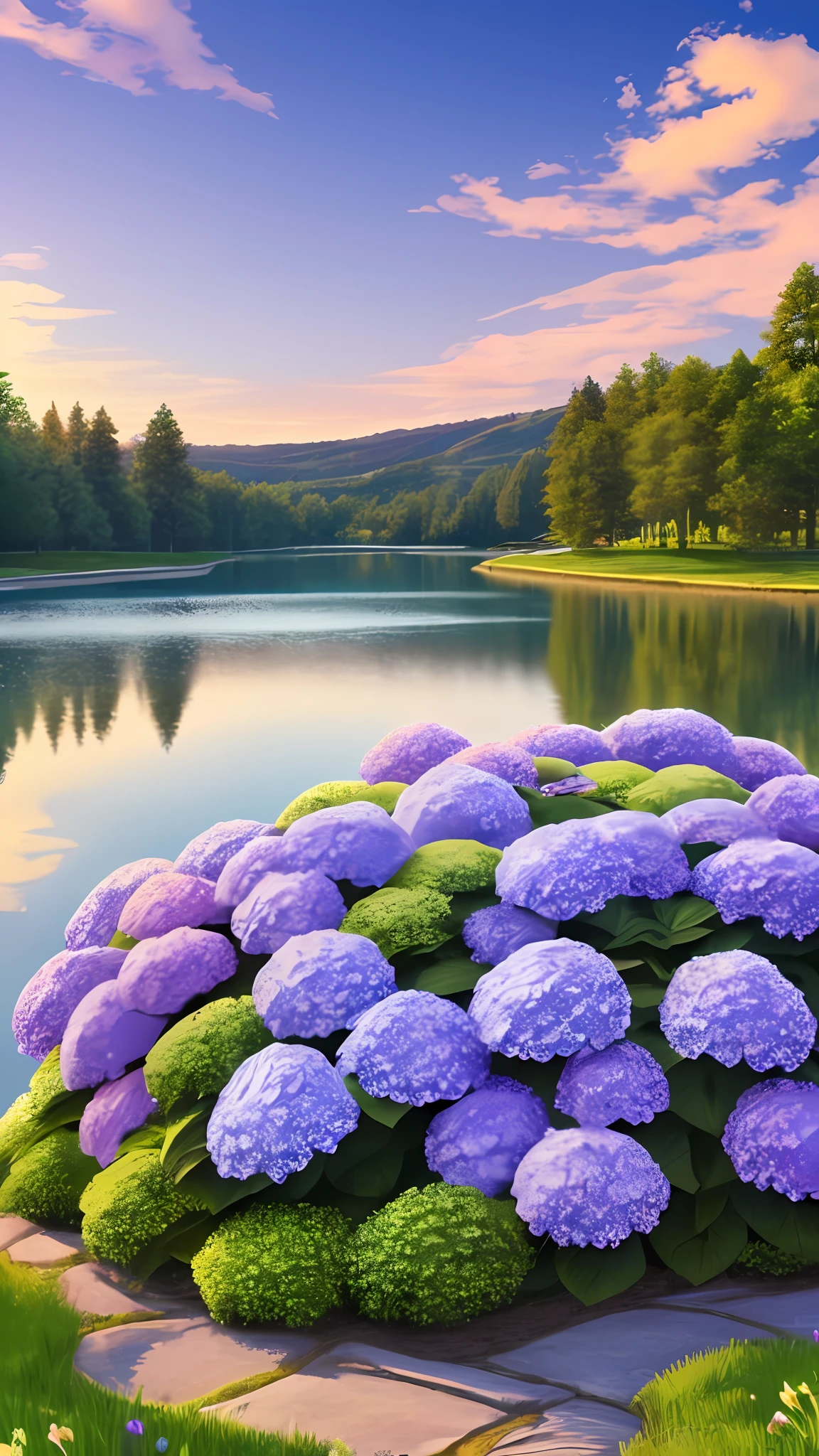 Hydrangeas, park, lake, small hill, pebble path, masterpiece, best quality, anatomically correct, high details, 8K, wallpaper