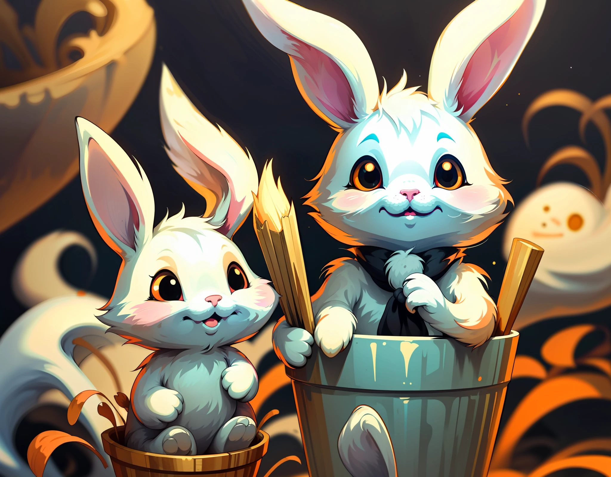 Bipedal creature resembling a rabbit, ghostly white fur and solid glowing white eyes, inside a brown pot with la white stripe and black eyes, golden swirl gems, masterpiece, best quality, solid background