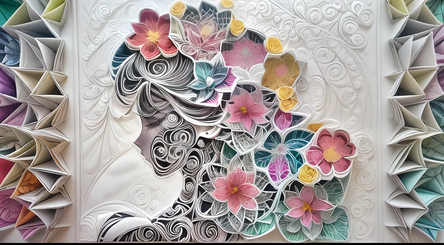(The silhouette of a beautiful woman,Colorful camellias),White background,(paper art, Quilted paper art:1.2, geomerty, zentangle,a 3D render), (extremely colorful, Best quality, Detailed details, Masterpiece, offcial art, movie light effect, 4K)