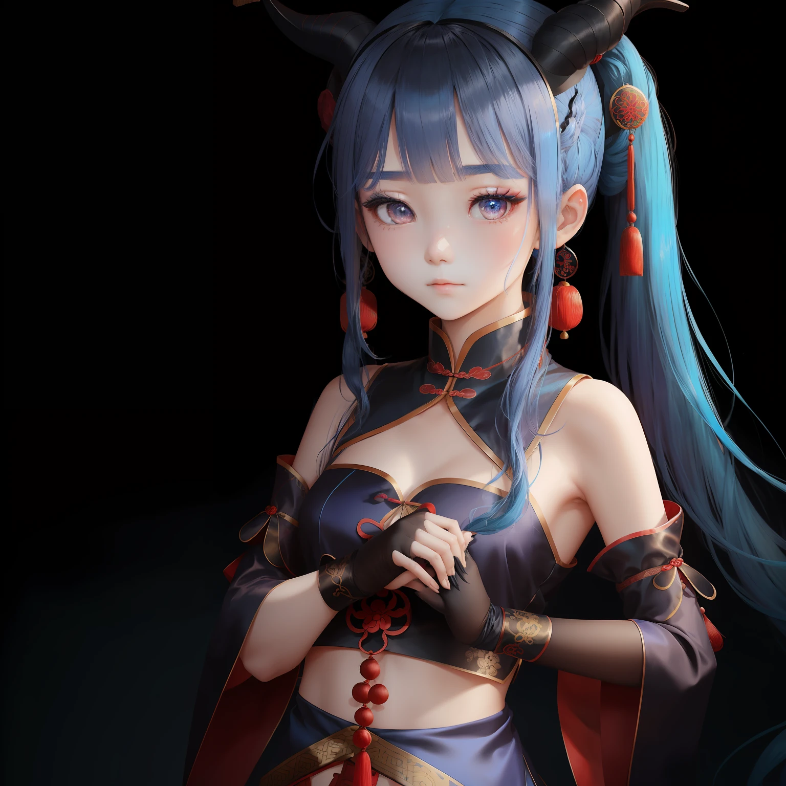 A young girl，The blue hair is medium to long, ponytail，Slim body，There are dull hairs，Gradient red and blue pupils，Long horns on the head，Conjoined black silk but does not cover the whole body，There are Chinese-style clothing and accessories on the arms and stomach，There are gloves --auto