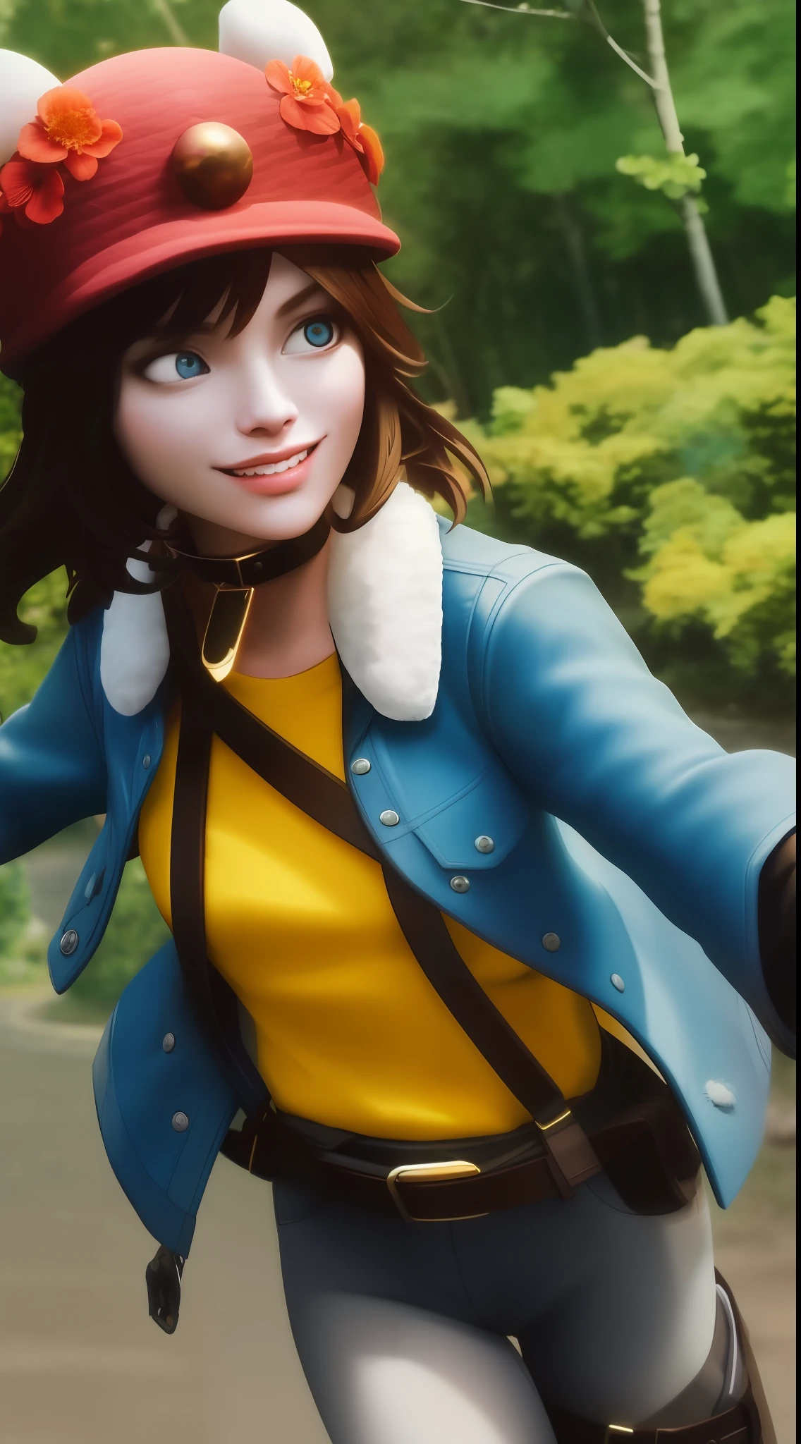 xyzskye, 1girl, beautiful, portrait, masterpiece, 3d render, octane render, blue eyes, denim jacket, fluffy collar, brown hair, 3d model, action pose, red_headwear, (black jeans), harness, belt, yellow shirt, fingerless gloves, white cuffs, passionately smiling, scene is shot on a island with trees and flowers spread across the land