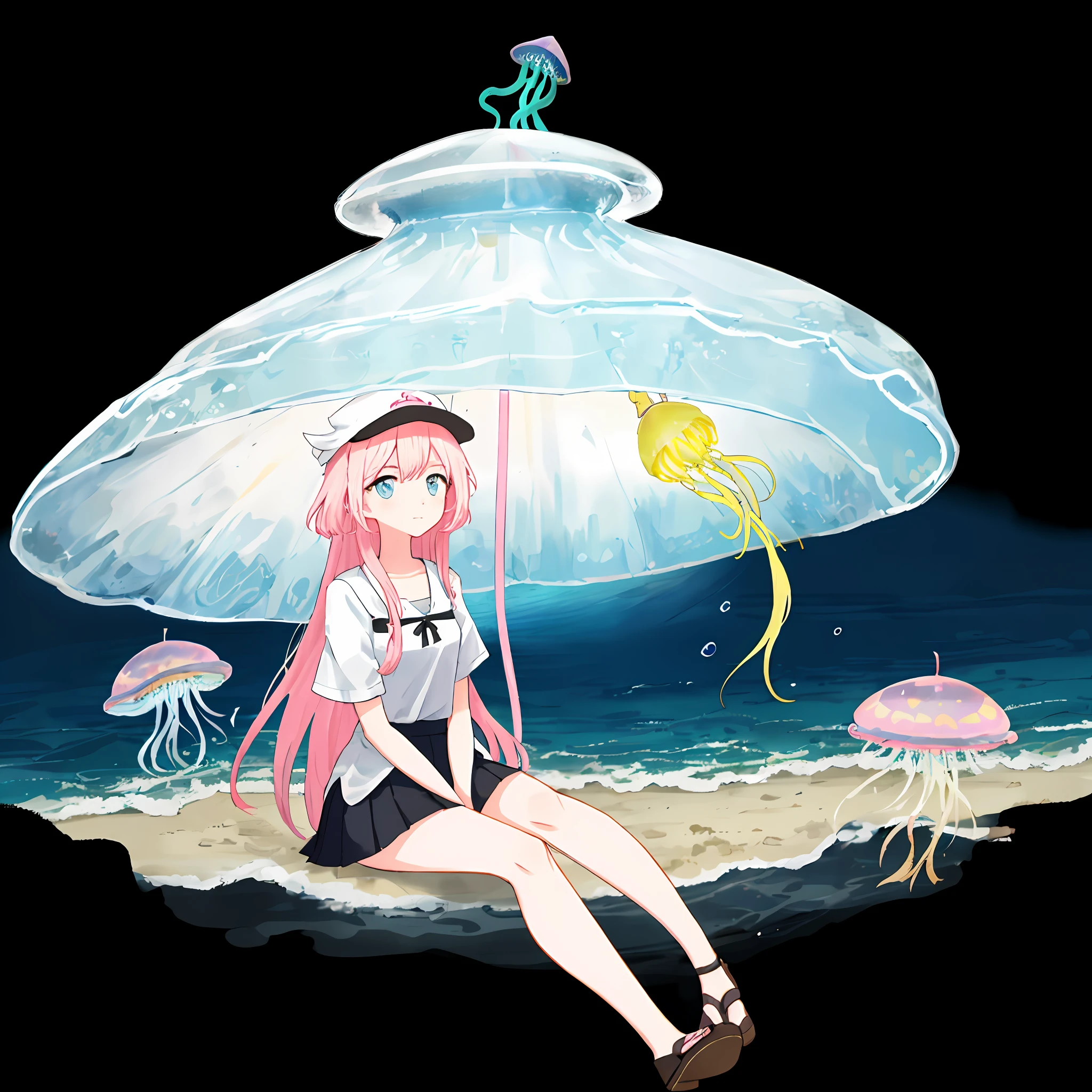 "White long haired girl on the beach，A cool pink hat，There is white lace trim on the head，Upper body transparent，short- sleeved，Wear a short skirt，Sitting by the sea，natta，There are jellyfish in the sea。"