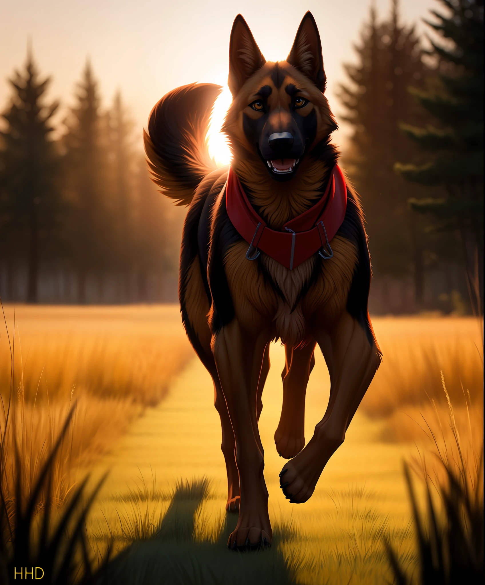 feral,canid,german shepherd,(wearing red colar),running across meadows,8k uhd,high quality,cinematic,filmic image 4k,8k,ultra-realistic,high-resolution,captured in [natural light],soft shadows,raw,vibrant colors,