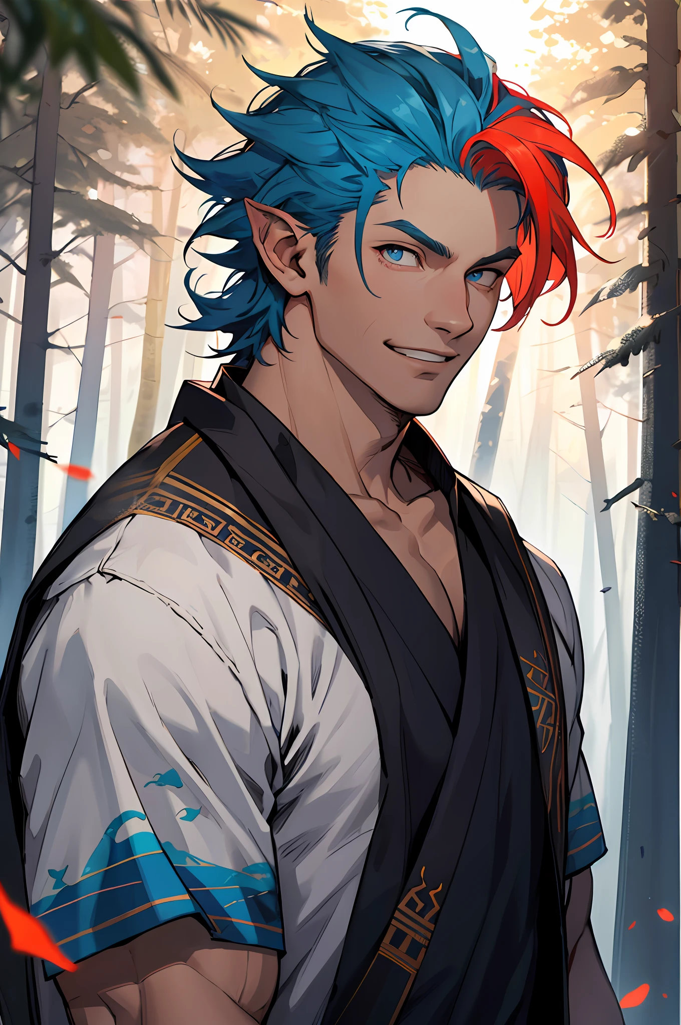 Sharp ears,Blue hair。