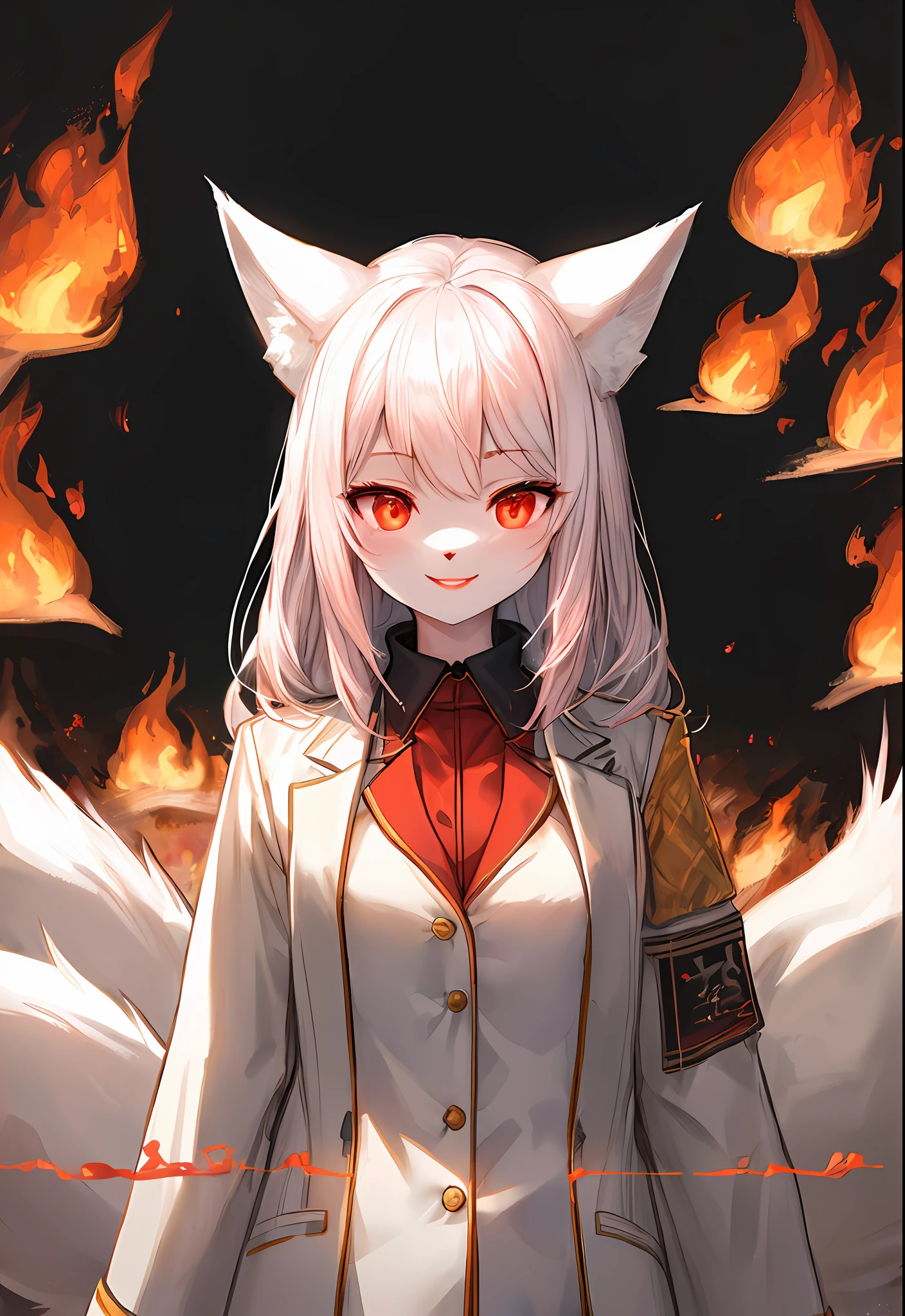 1人、(Blazer Student Uniform)、(fire fur coat)、a furry、(((White Fox Girl)))、Glowing red eyes、pink lipsticks、a smile、((((Burning flame))))、run、V-shaped face woman、eyes forcus、Professional Writing、Image from the shoulder up