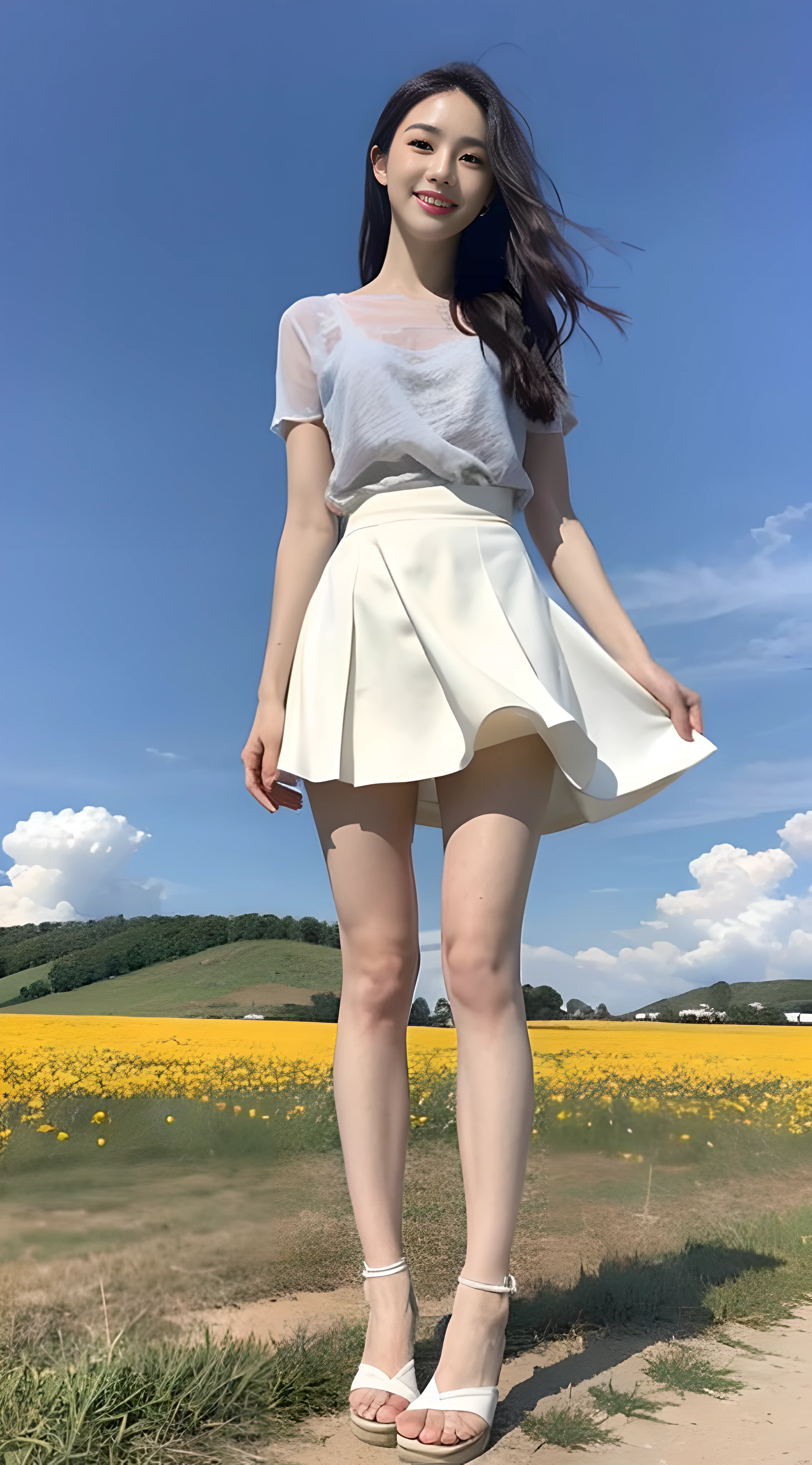 A nice and cute girl,Full body photo,Extremely beautiful and delicate,Black color hair,A sweet smile,Delicate and beautiful fair skin,Realistic and realistic,exquisite and complete facial features,Detailed depiction of the face,tall nose bridge,Smooth hair,extremely detail hair,Feminine temperament,Fill your face light,Tall and tall,Thin,sandals,Realiy,Hyper-realism,full body shot shot,Forward tilt angle,Extreme picture quality,Highest precision,Precise and perfect human ???????。with blue sky and white clouds,Sitting on the Steppe,(with blue sky and white clouds),rays of sunshine,cattle and sheep,(White chiffon skirt)Panties are clearly visible. telephoto shot,Express the landscape,Highlight portrait。