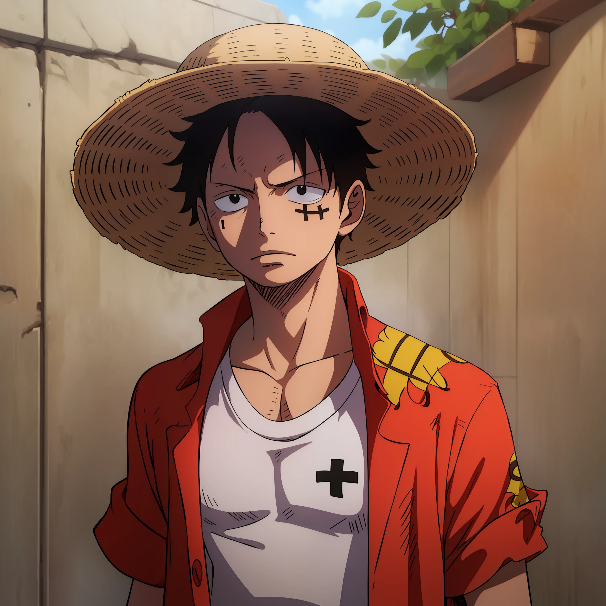 A man with a shirt of the Brazilian national team, black hair and straw hat with a red ribbon seeing crosses, He's looking at the horizon, olho preto