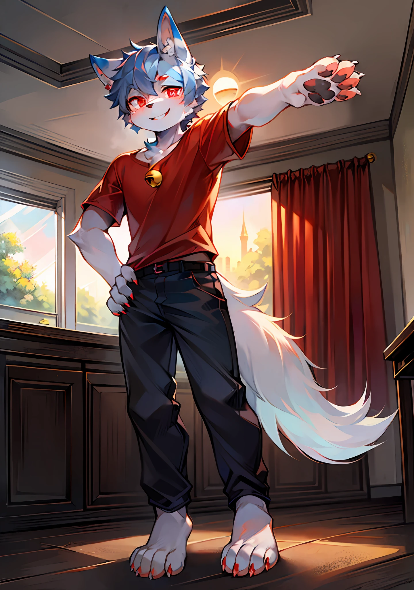 High Picture Quality，‎Classroom，potted，early evening，the setting sun，Single player，Wolf animal human form，No spot，male figure，Full body standing painting，Cute face，short detailed hair，Dark gray fur，Wolf ears，Deep gray ear roots，Light blue ear tips，Crimson pupils，Hairy wolf tail，Deep gray tail root，White tail tip，Dark gray arm，White paws，Hands naturally droop，The limbs are wolf paws，4 white fingers，4 white toes，Look to the left，Happy expression，Dark red short-sleeved T-shirt，black long pants，Red hand towel，A golden bell is hung around the neck，stand posture。