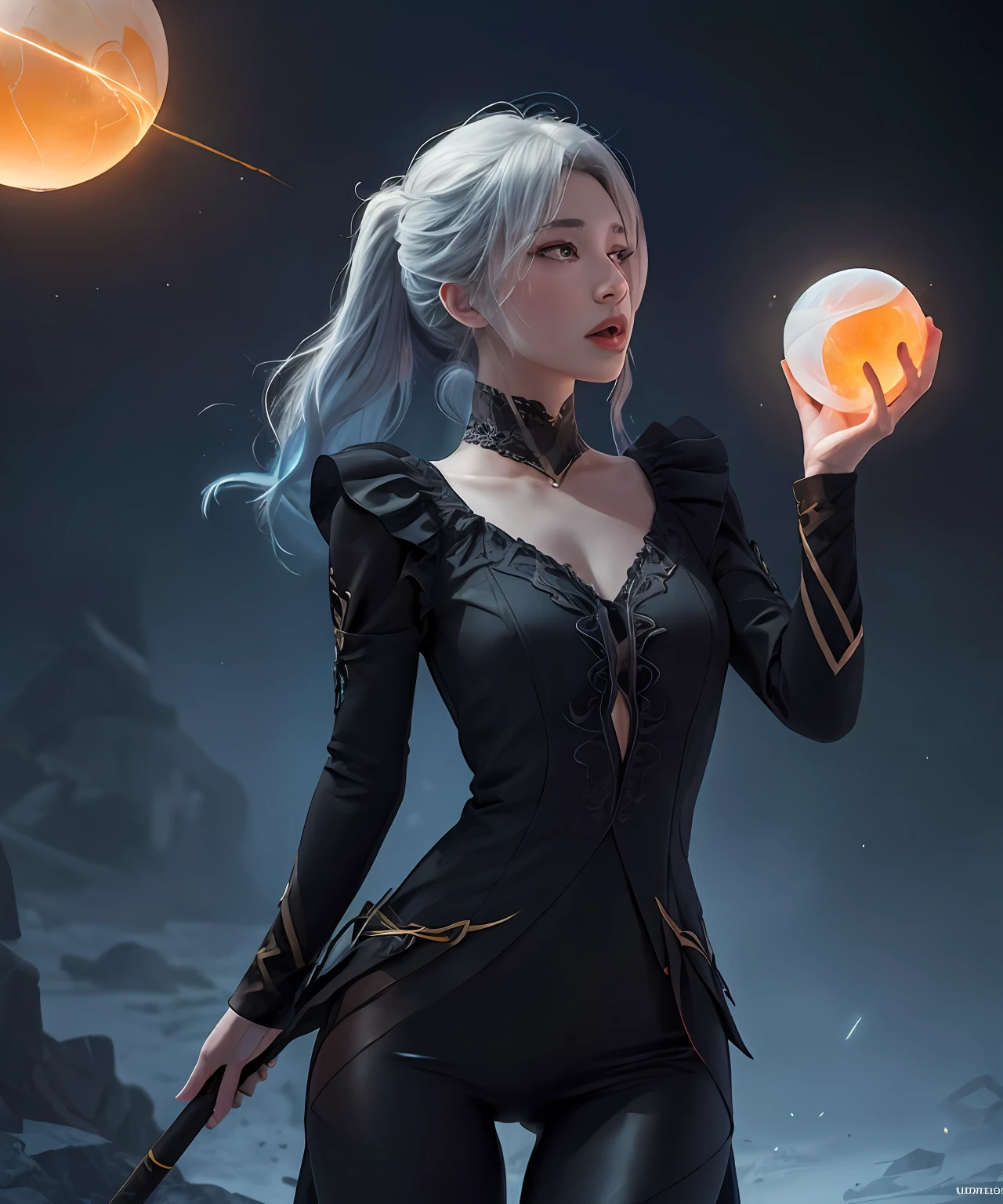 fantasy setting, sharp focus, high quality photo of beautiful nordic mature woman,magician , wearing black clothes with silver tracery, white single braid hair, confident look, rising ((magic staff with shining sphere atop)), glowing runes flying around, jewelry, detailed eyes, low body-fat, cinematic lighting, highly detailed, (matching eyes:1.2), fully body photo, epic pose, night sky background, art by charlie bowater, (Extremely Detailed Oil Painting:1.2), glow effects, godrays, Hand drawn, render, 8k, octane render, cinema 4d, blender, dark, atmospheric 4k ultra detailed, cinematic sensual, Sharp focus, humorous illustration, big depth of field, Masterpiece, colors, 3d octane render, 4k, concept art, trending on artstation, hyperrealistic, Vivid colors, extremely detailed CG unity 8k wallpaper, trending on ArtStation, trending on CGSociety, Intricate, High Detail, dramatic, (ahegao:1.5), thigh gap