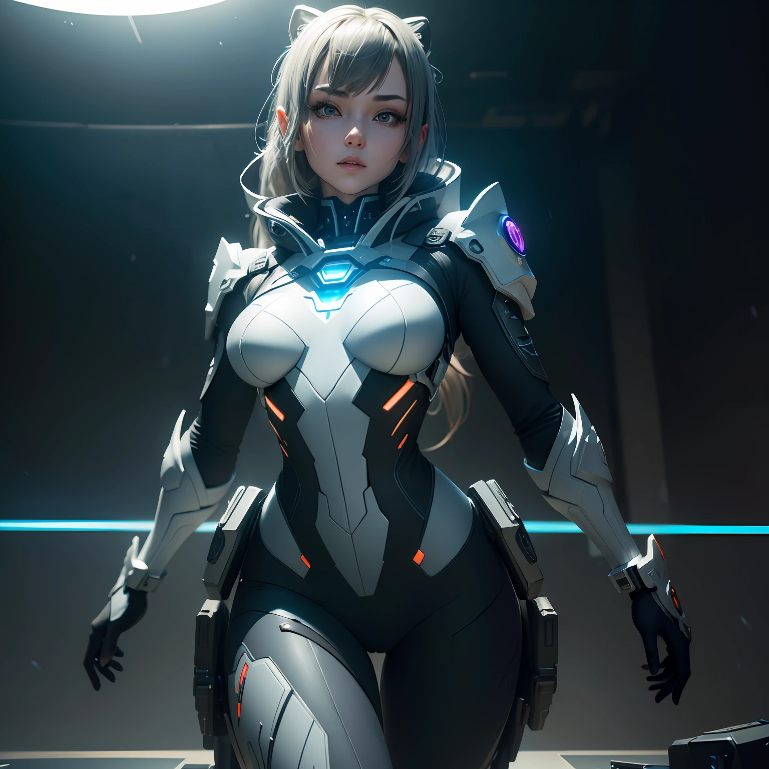 ((best qualtiy)), ((tmasterpiece)), (the detail:1.4), 3D, A beautiful cyberpunk female image,HDR(HighDynamicRange),Ray traching,NVIDIA RTX,Super-Resolution,Unreal 5,Subsurface scattering、PBR Texture、post-proces、Anisotropy Filtering、depth of fields、maximum definition and sharpness、Many-Layer Textures、Albedo e mapas Speculares、Surface Coloring、Accurate simulation of light-material interactions、perfectly proportions、tightsuit、Perfect dissection、Octane Render、Two-colored light、largeaperture、Low ISO、White balance、the rule of thirds、8K RAW、Realistic lighting,cold light