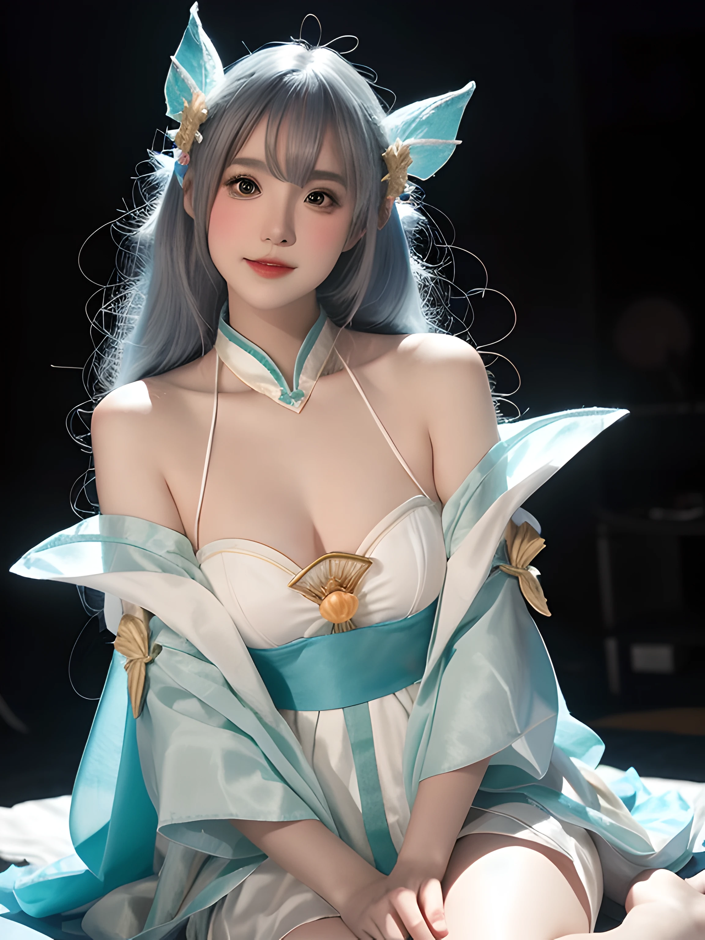 Close-up of women in costumes on stage, full body fairy, beautiful celestial mage, stunning young ethereal characters, beautiful fantasy queen, astral witch costume, sand stream, flowing magic robe, white Hanfu, fairy fantasy, beauty Delfin, ethereal fantasy, elegant and charming cosplay, Hirase Jinyao, sitting on the ground, charming and colorful, very coquettish,ultra high res, (photorealistic:1.4), raw photo,16K,dramatic lighting,