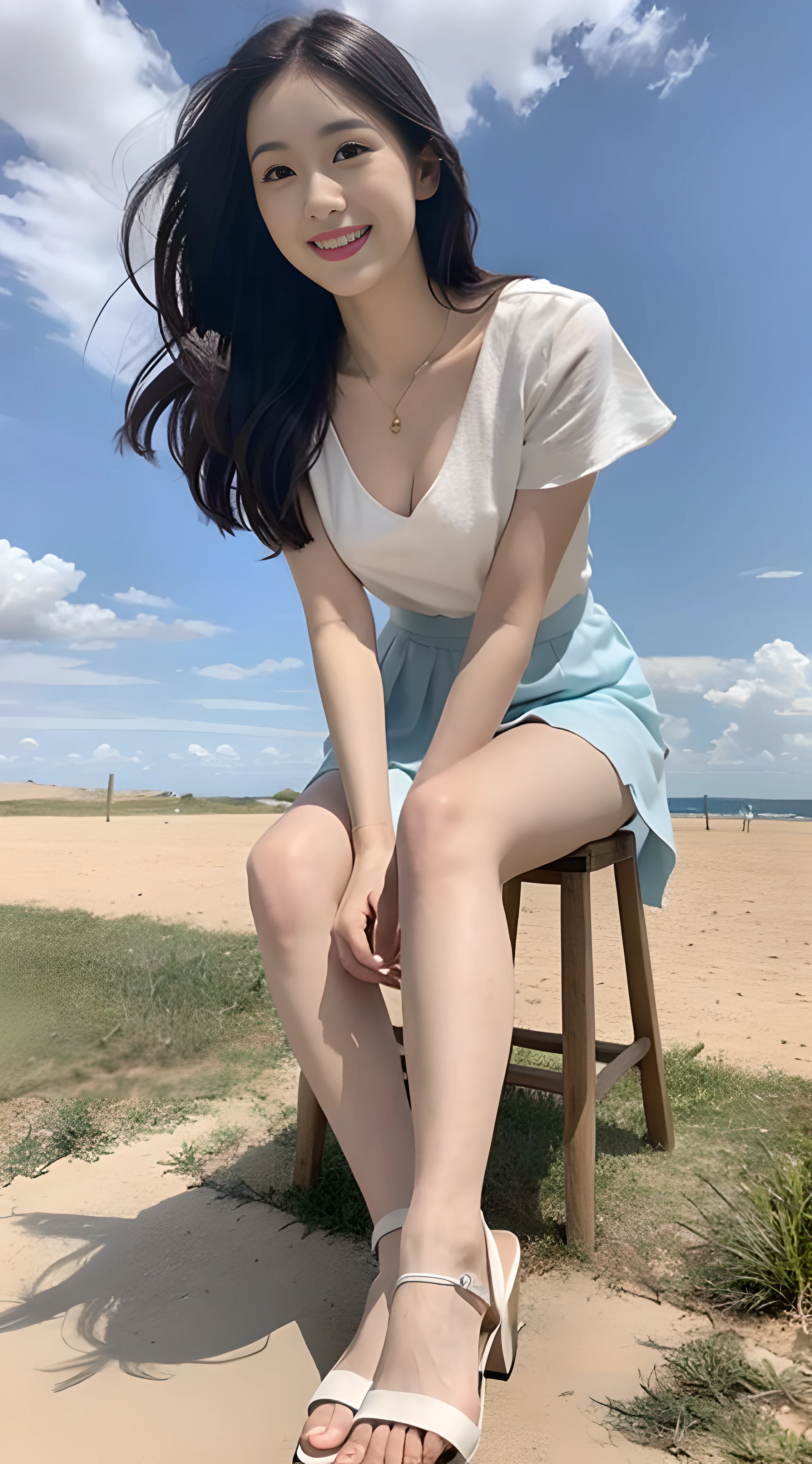 A nice and cute girl,Full body photo,Extremely beautiful and delicate,Black color hair,A sweet smile,Delicate and beautiful fair skin,Realistic and realistic,exquisite and complete facial features,Detailed depiction of the face,tall nose bridge,Smooth hair,extremely detail hair,Feminine temperament,Fill your face light,Tall and tall,Thin,sandals,Realiy,Hyper-realism,full body shot shot,Forward tilt angle,Extreme picture quality,Highest precision,Precise and perfect human anatomy。with blue sky and white clouds,Sitting on the Steppe,(with blue sky and white clouds),rays of sunshine,cattle and sheep,(White chiffon skirt)Panties are clearly visible. telephoto shot,Express the landscape,Highlight portrait。