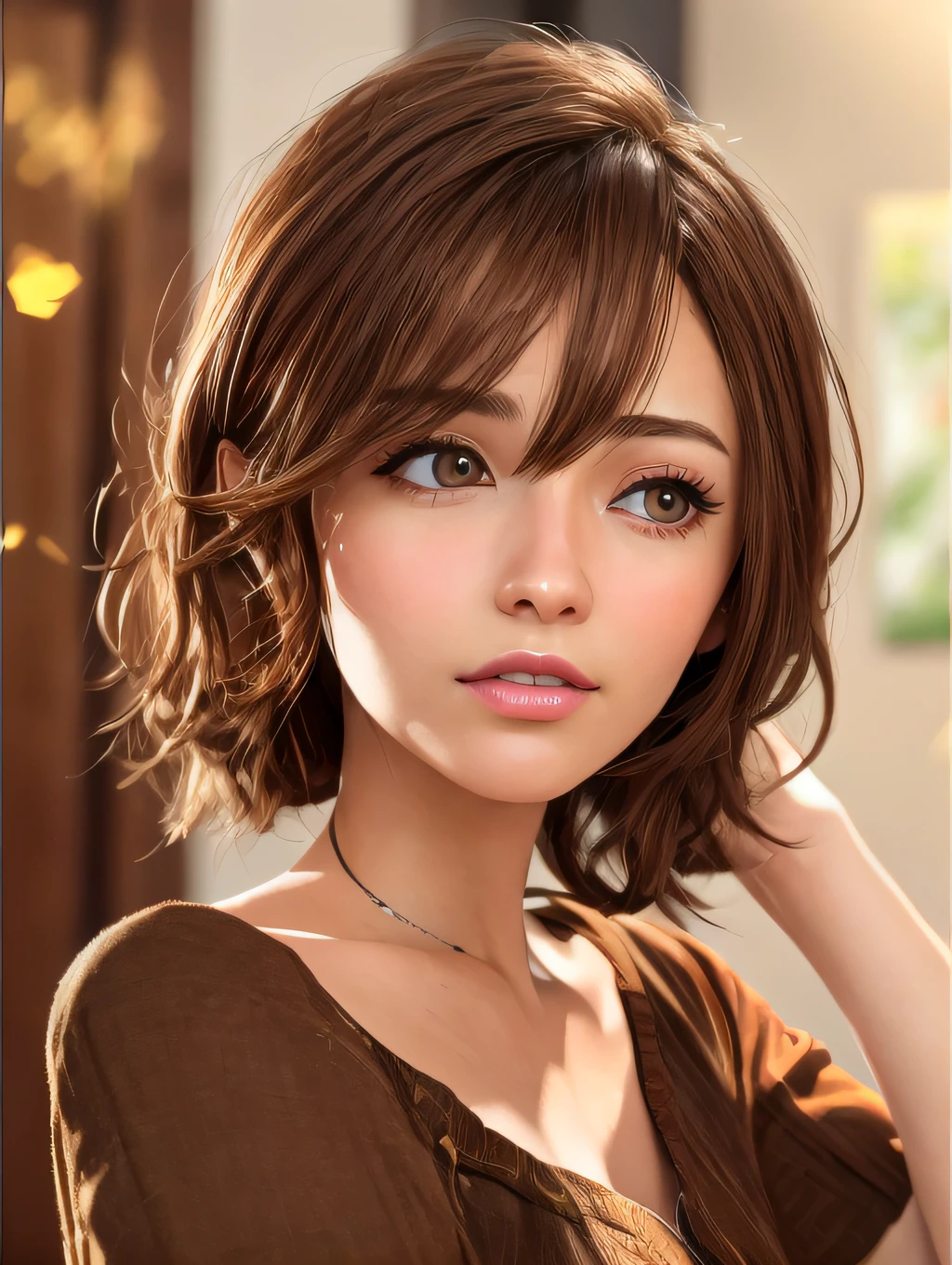 Close up portrait of a woman with brown shirt and brown hair, kawaii realistic portrait, realistic anime 3 d style, photorealistic anime girl render, 3 d anime realistic, Realistic art style, 8K portrait rendering, realistic cute girl painting, realistic art style, Smooth Anime CG Art, Anime Realism Style, Photorealistic beautiful face, realistic young anime girl