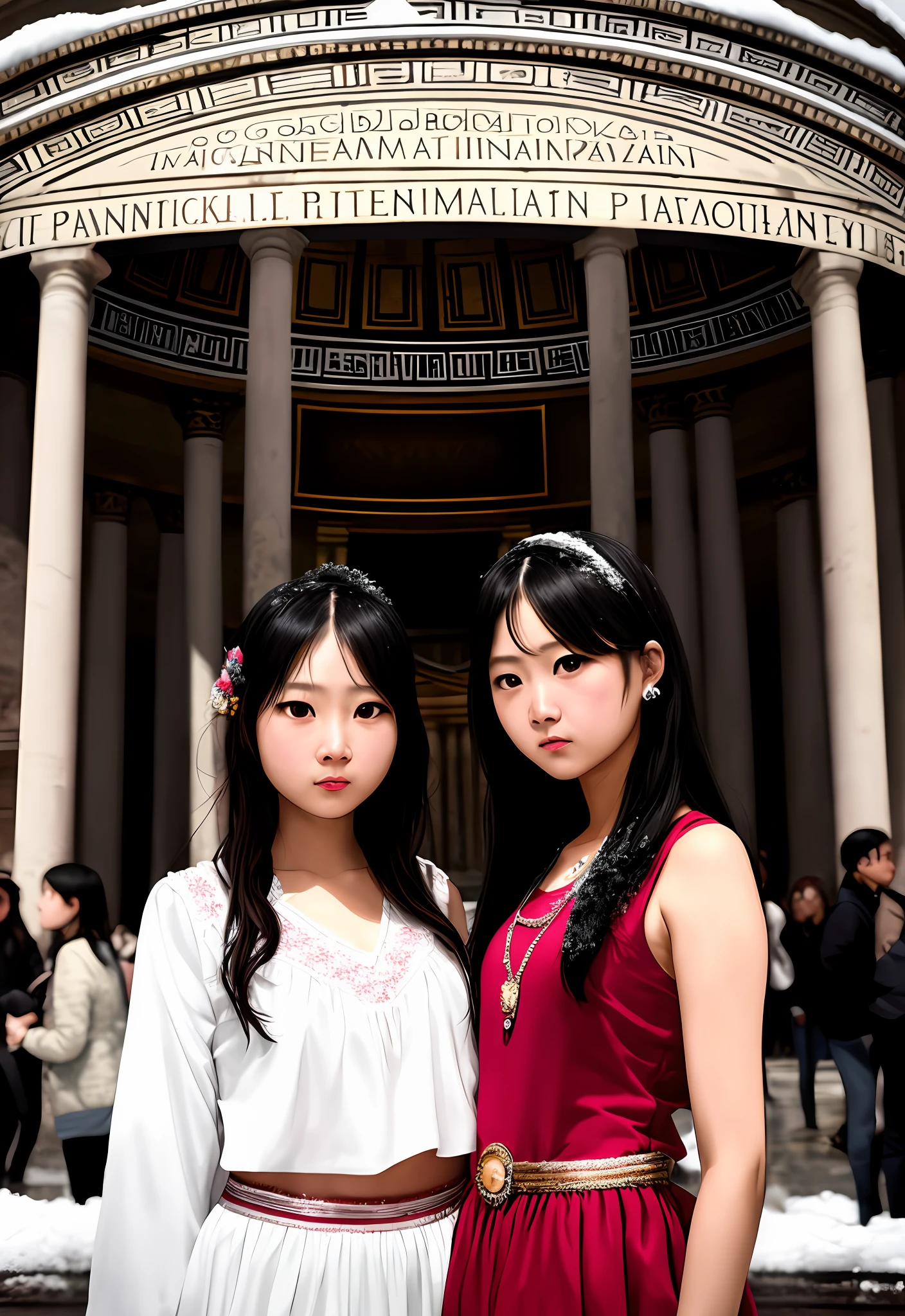 （Positive focus),2girls,duo,navel,(At the Pantheon in Rome,crowd,winter,Snowy),Surrealistic Female Portraits by David Hockney and Alphonse Mucha,Fantasy art,photograph realistic， Dynamic lighting，art  stations,poster for,Volumetriclighting,Very detailed faces,4K,Award-Awarded,Fantastic costumes,Deep shadows,low tune,cowboy lens， （official outfit：1.4）， looking at the camera in， Half-body shot，（（Realistic face））），