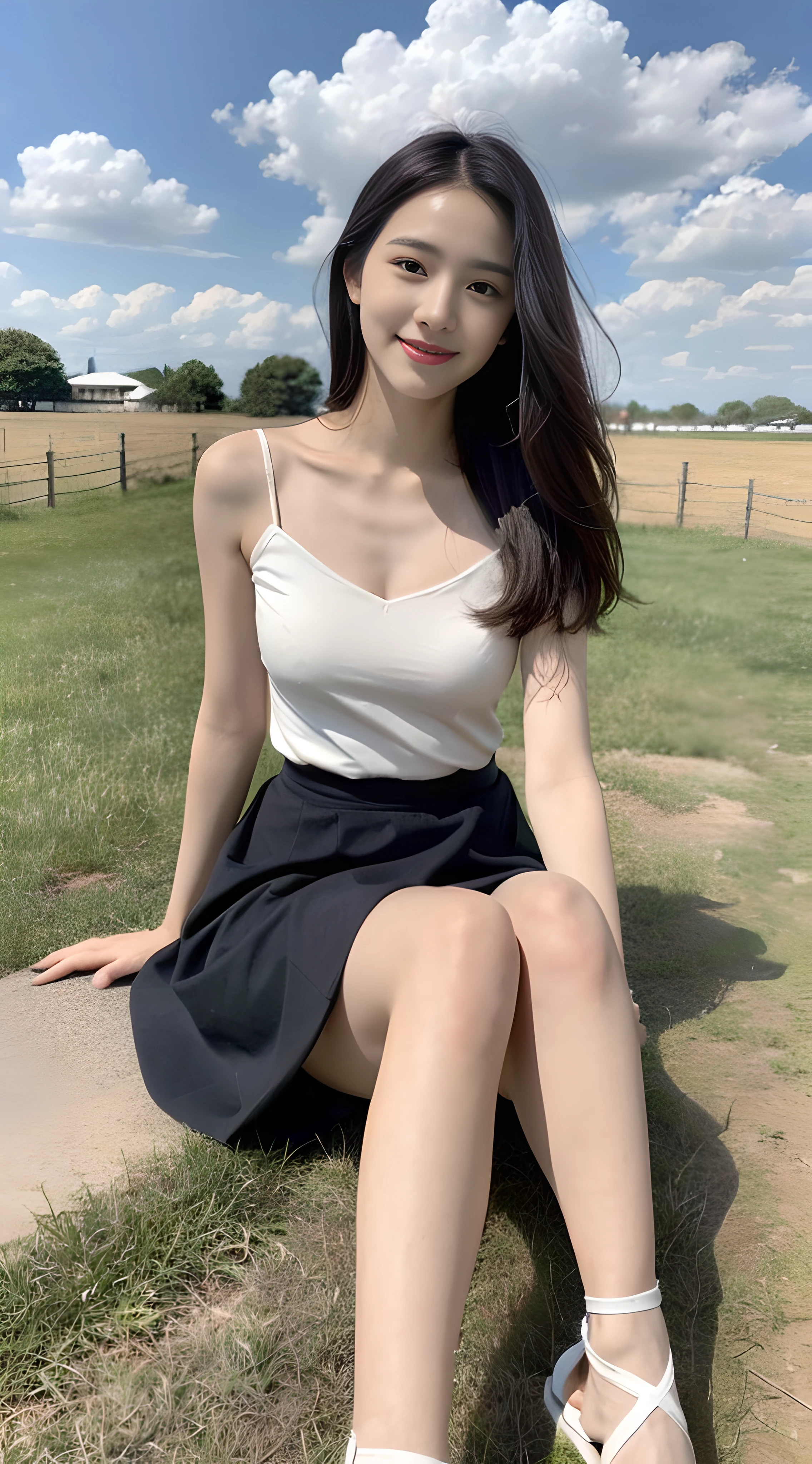 A nice and cute girl,Full body photo,Extremely beautiful and delicate,Black color hair,A sweet smile,Delicate and beautiful fair skin,Realistic and realistic,exquisite and complete facial features,Detailed depiction of the face,tall nose bridge,Smooth hair,extremely detail hair,Feminine temperament,Fill your face light,Tall and tall,Thin,sandals,Realiy,Hyper-realism,full body shot shot,Forward tilt angle,Extreme picture quality,Highest precision,Precise and perfect human anatomy。with blue sky and white clouds,Sitting on the Steppe,(with blue sky and white clouds),rays of sunshine,cattle and sheep,(White chiffon skirt)Panties are clearly visible. telephoto shot,Express the landscape,Highlight portrait。