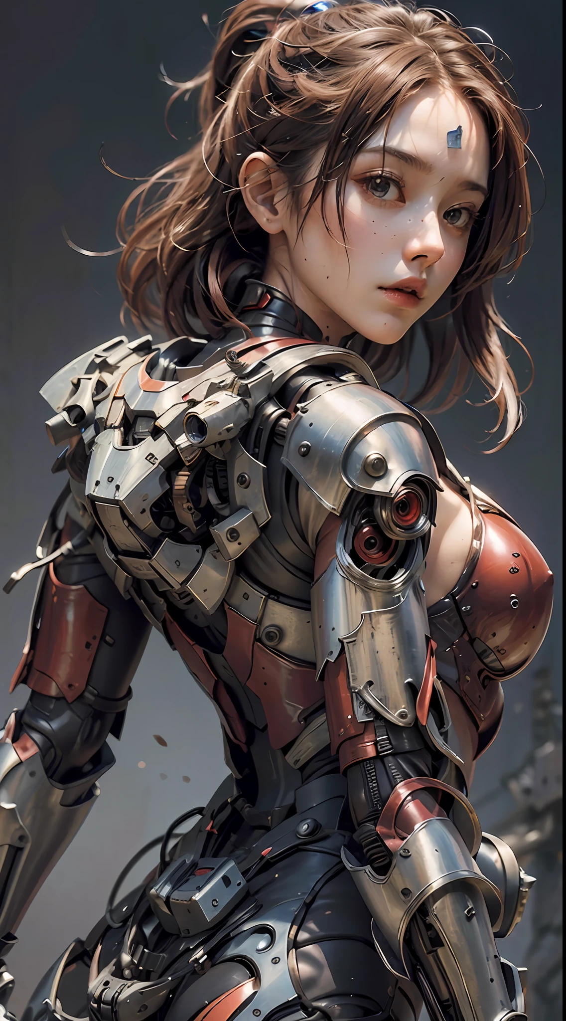 (Masterpiece), (Best quality), Photorealism, Realistic, Ultra detailed, Perfect face, Perfect body, 1girll, Beautiful girl, Girl in red armor, Mechanical armor, exoskeleton, Stand, Cool pose, Sexy, Watching from behind