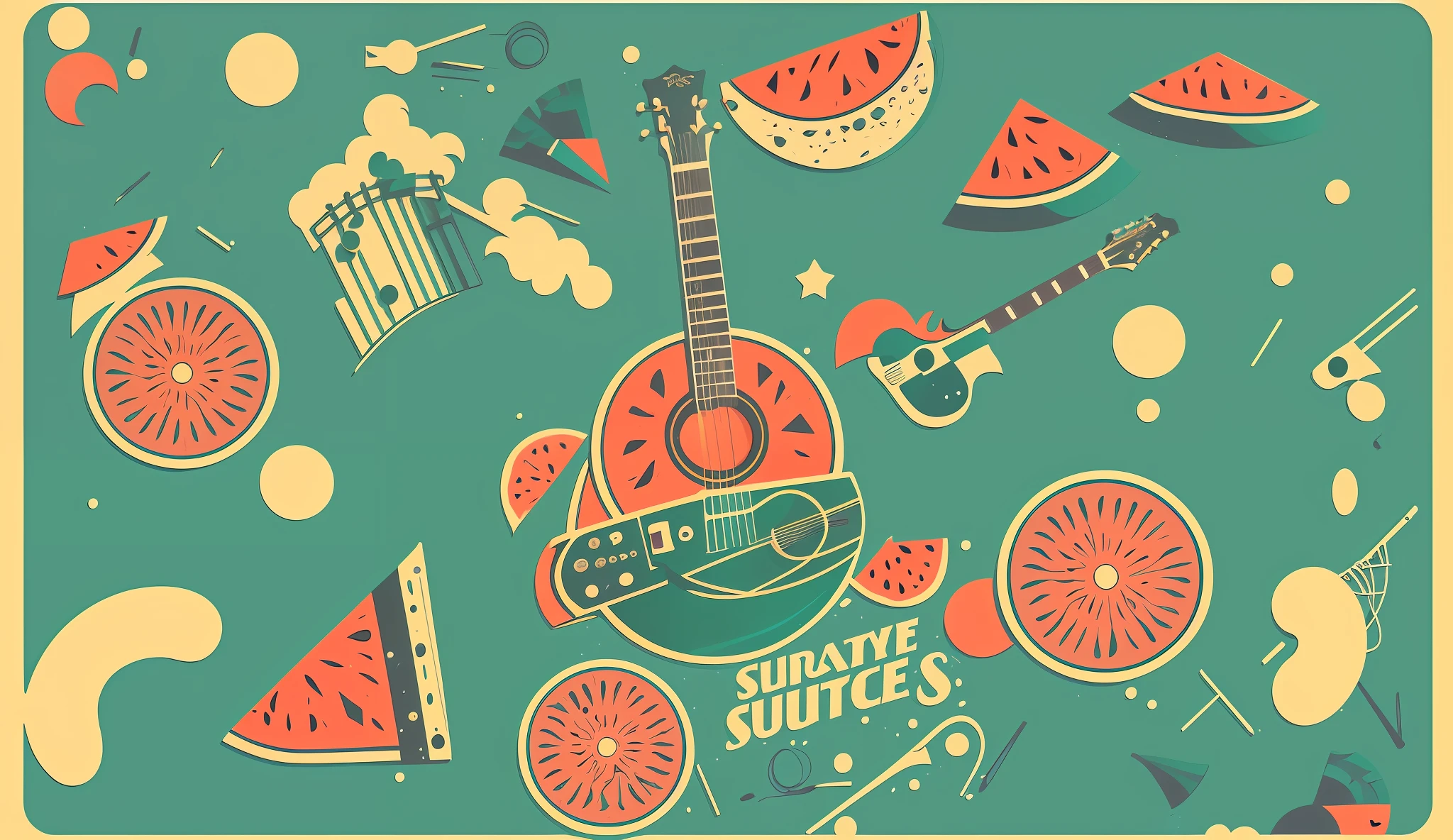 Guitar and watermelon slices on green background, style of ade santora, Sosa Phone, promotional artwork, Inspired by Francis Sousa, best on adobe stock, lute, poster vintage, 🪔 🎨;🌞🌄, Desktop background, illustration!, Inspired by Michael Sufen, inspired by Rudy Siswanto, Illustration style, surreal flat colors