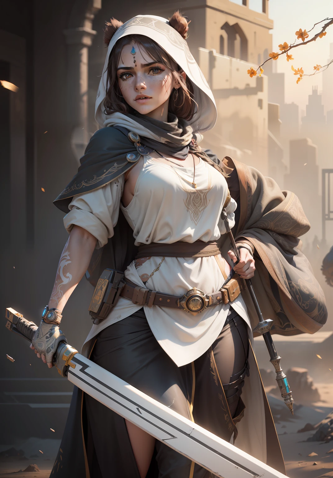 ultra detailed digital line art watercolor render of a futuristic beautiful female desert nomad, detailed symmetric beautiful hazel eyes, detailed gorgeous face, apocalyptic environment, splatter drippings, style of Horizon Zero Dawn, style of Brian Froud, Carne Griffiths, Wadim Kashin, John William Waterhouse, centre image, dof, golden hour, 8k, soft lighting aesthetic, edge-to-edge print, volumetric lighting, TanvirTamim, cinematic, colorful background, concept art, dramatic lighting, high detail, highly detailed, hyper realistic, intricate, intricate sharp details, octane render, smooth, studio lighting, trending on artstation --auto