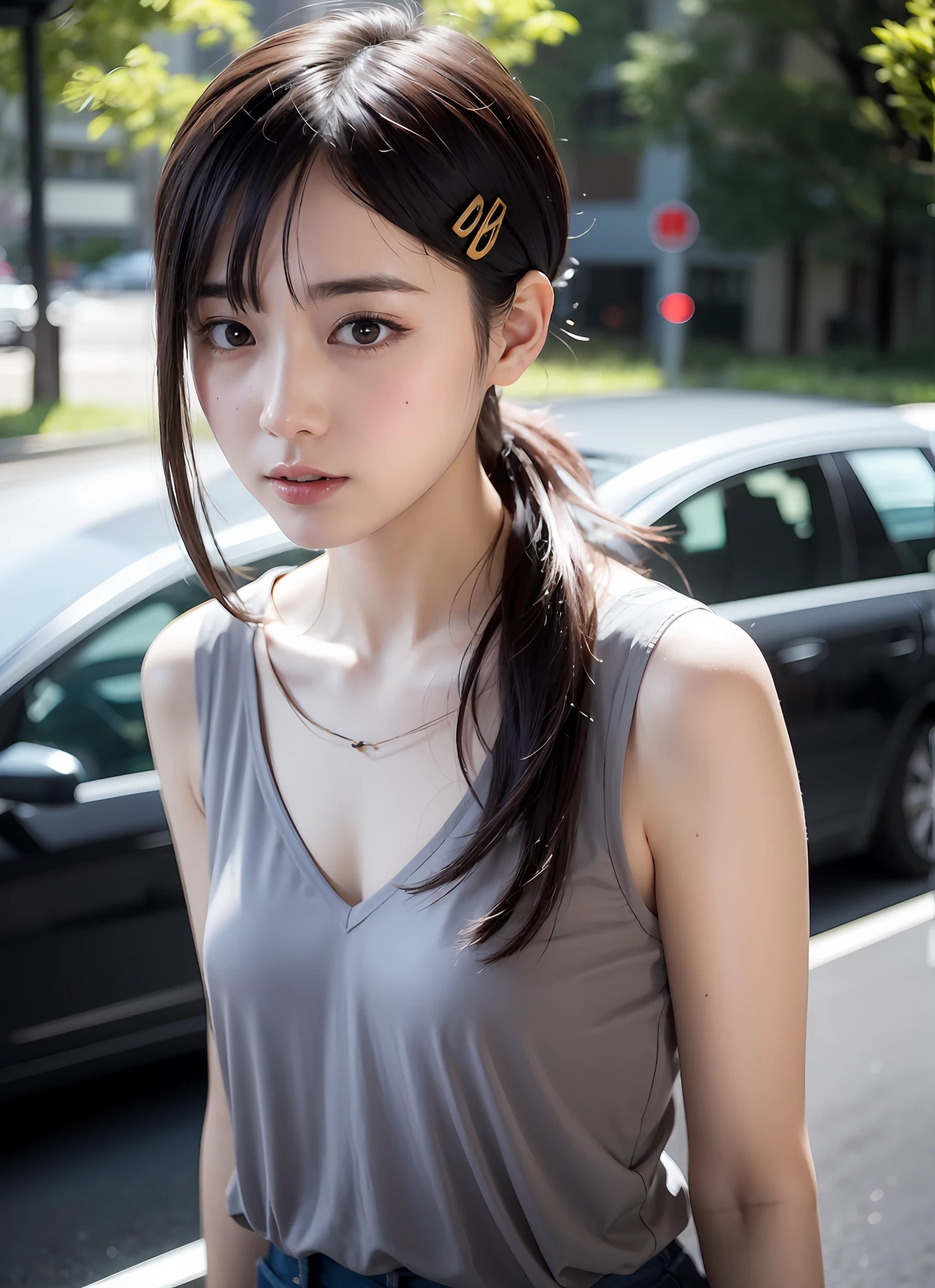 （8K、RAW Photography、top-quality、​masterpiece：1.2）、（reallistic、Photorealsitic：1.37）、（top-quality））、超A high resolution、Highly detailed CG Unity 8k wallpapers、Physically Based Rendering、cinematlic lighting、halfbody、（Bokeh：1.4）、（（女の子1人））、Shapely、（Smaller chest）、Higashiyama Kored Black Hair、Red hairpin、perspiring、tension、Sheer white shirt、Black Skinny、