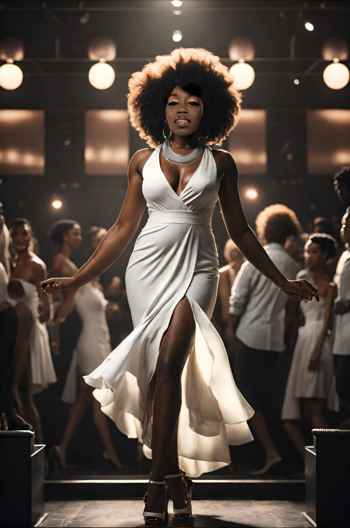 Femme Araffe en robe blanche marchant sur un podium, Fille en robe blanche dansant, Filmed cinematic goddess, dramatic lighting; 4k 8k, Une belle femme en blanc, 8 k sensual lighting, Photo publicitaire, lighting cinematic + Masterpiece, par Derek Zabrocki, Glamorous track model, Image promotionnelle du film, par Wayne England, Maria Borges