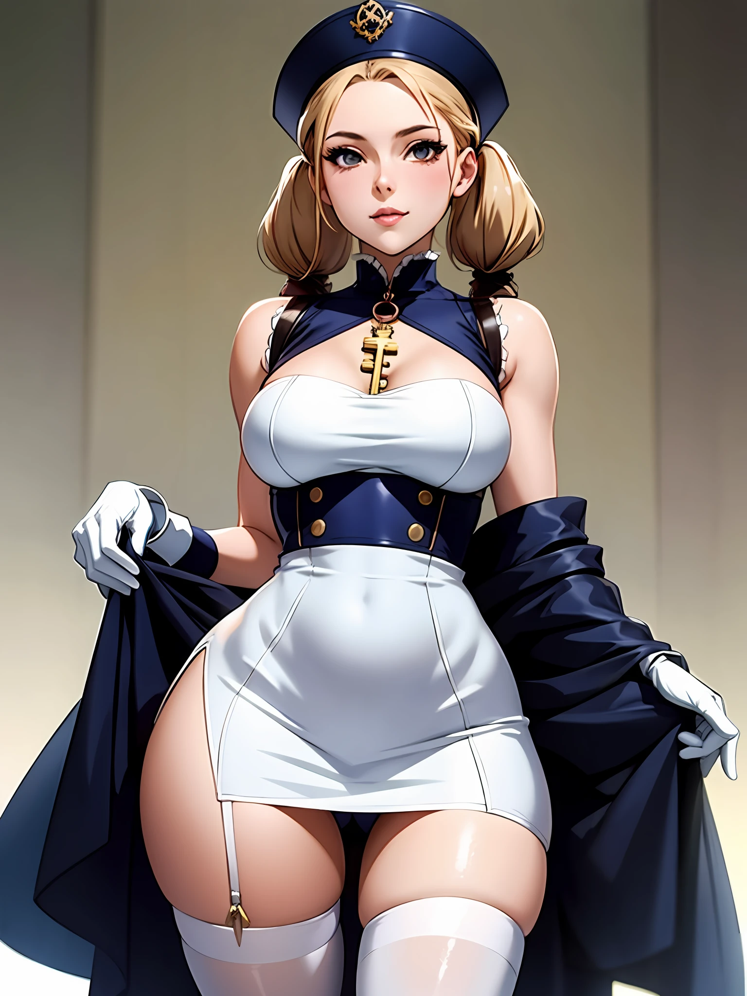 a close up of a person in a dress and a hat, biomechanical oppai, Colossal tits、Anime Barbie in white stockings, cushart krenz key art feminine, Small curvaceous woman,  High school girl in dress, Shoujo Manga Character Design,  twintails white_gloves, Official Character Art