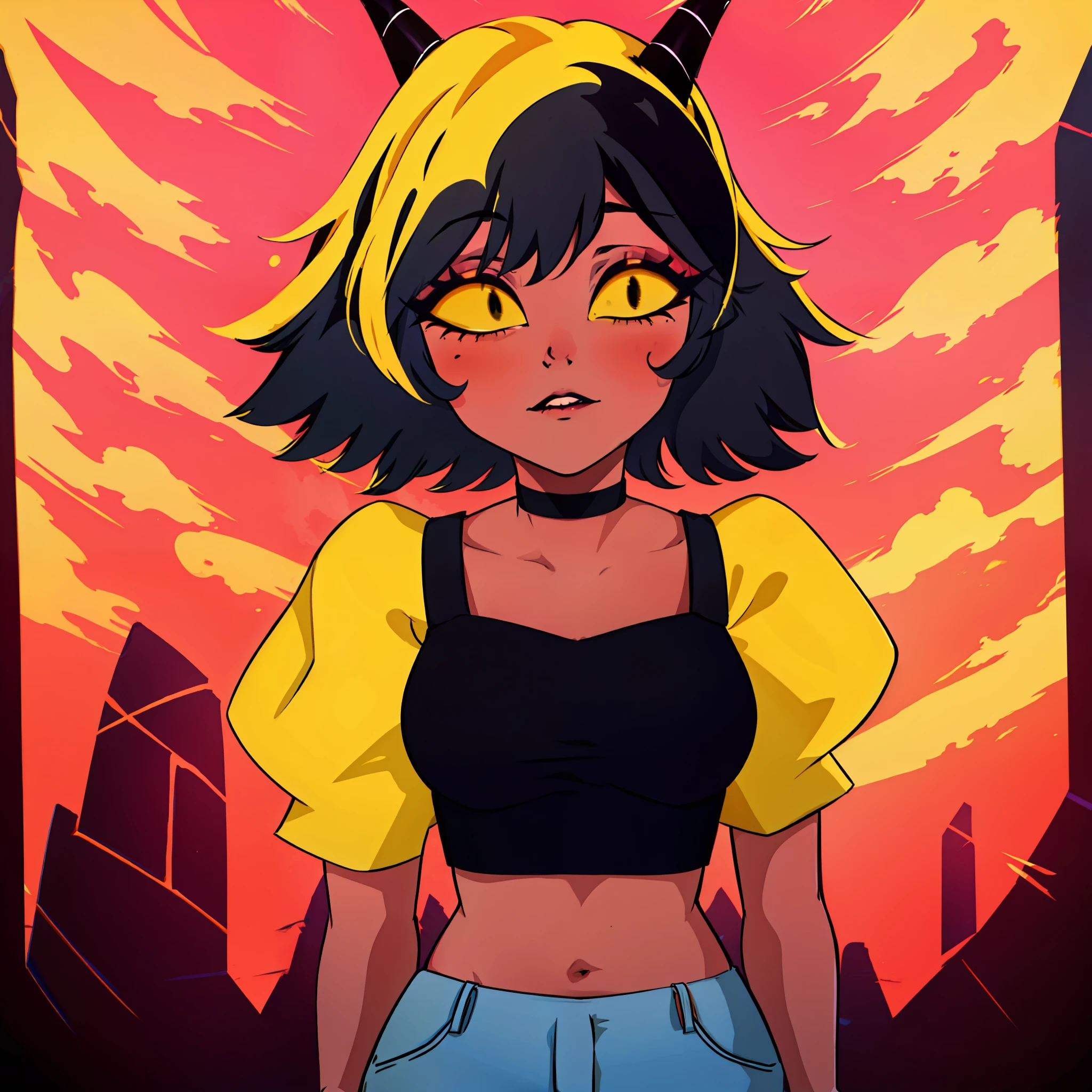 red skin, yellow sclera, black short hair, horns, black croptop, tail, elf ears, 1girl, millie, demon girl, black ripped jeans