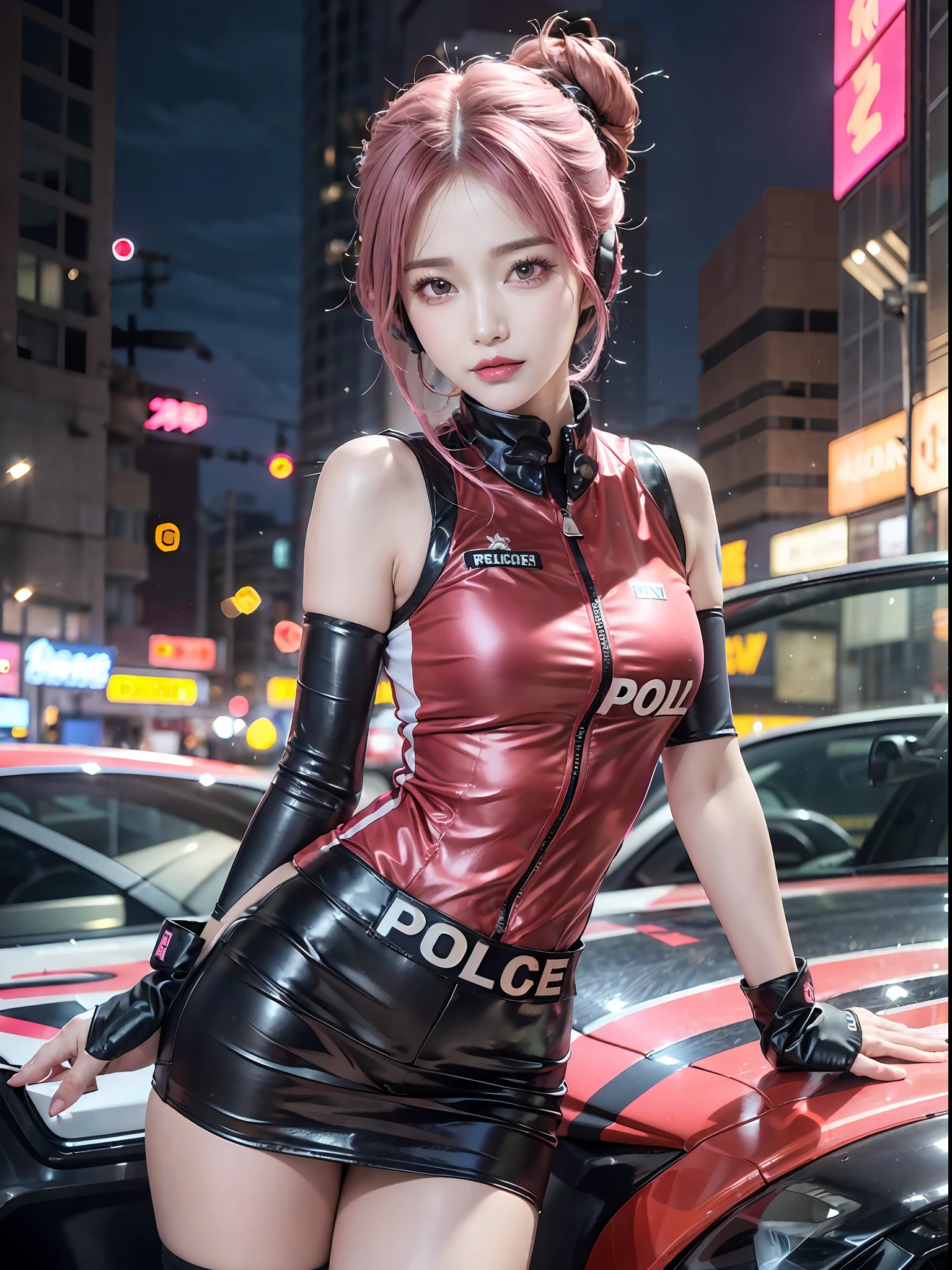 Top Quality, Ultra High Definition, (Photorealistic: 1.4), (Pink updo Hair: 1.3), 1 Girl, (Kpop Idol), Watch Audience, Detailed Face, Contrapposto, Smooth Skin, Perfect Anatomy, Cityscape, Professional Lighting, Futuristic Fashion, Police costume like Streetwear, Headset, High-tech Fabric, laser machinegun, Racing Suit, elbow and knee pads, racing gloves, sports police car background, pits, hot pnts, short miniskirts, POLICE, pink hair,