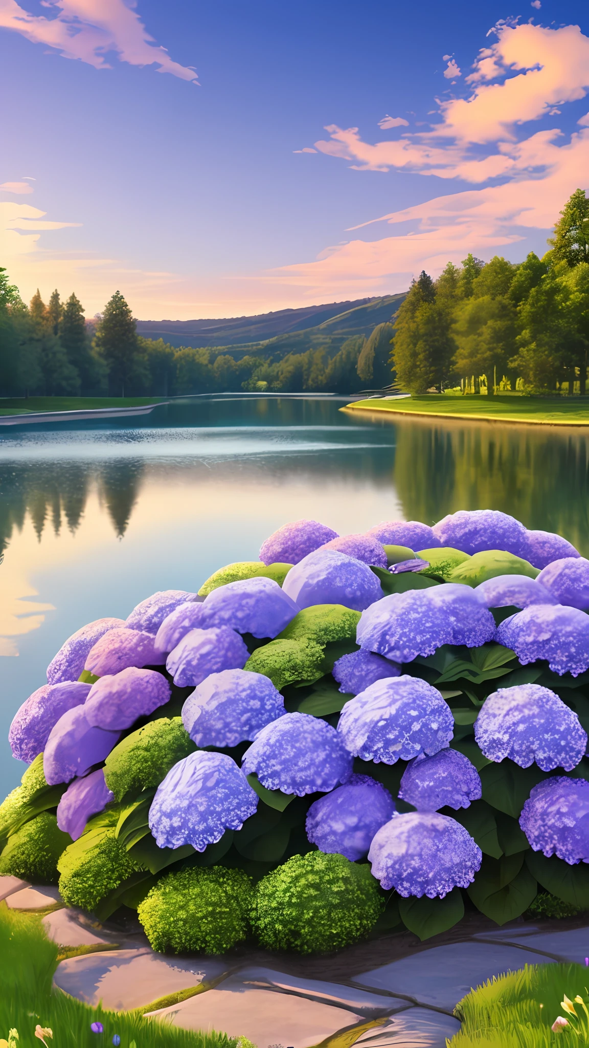 Hydrangeas, park, lake, small hill, pebble path, masterpiece, best quality, anatomically correct, high details, 8K, wallpaper