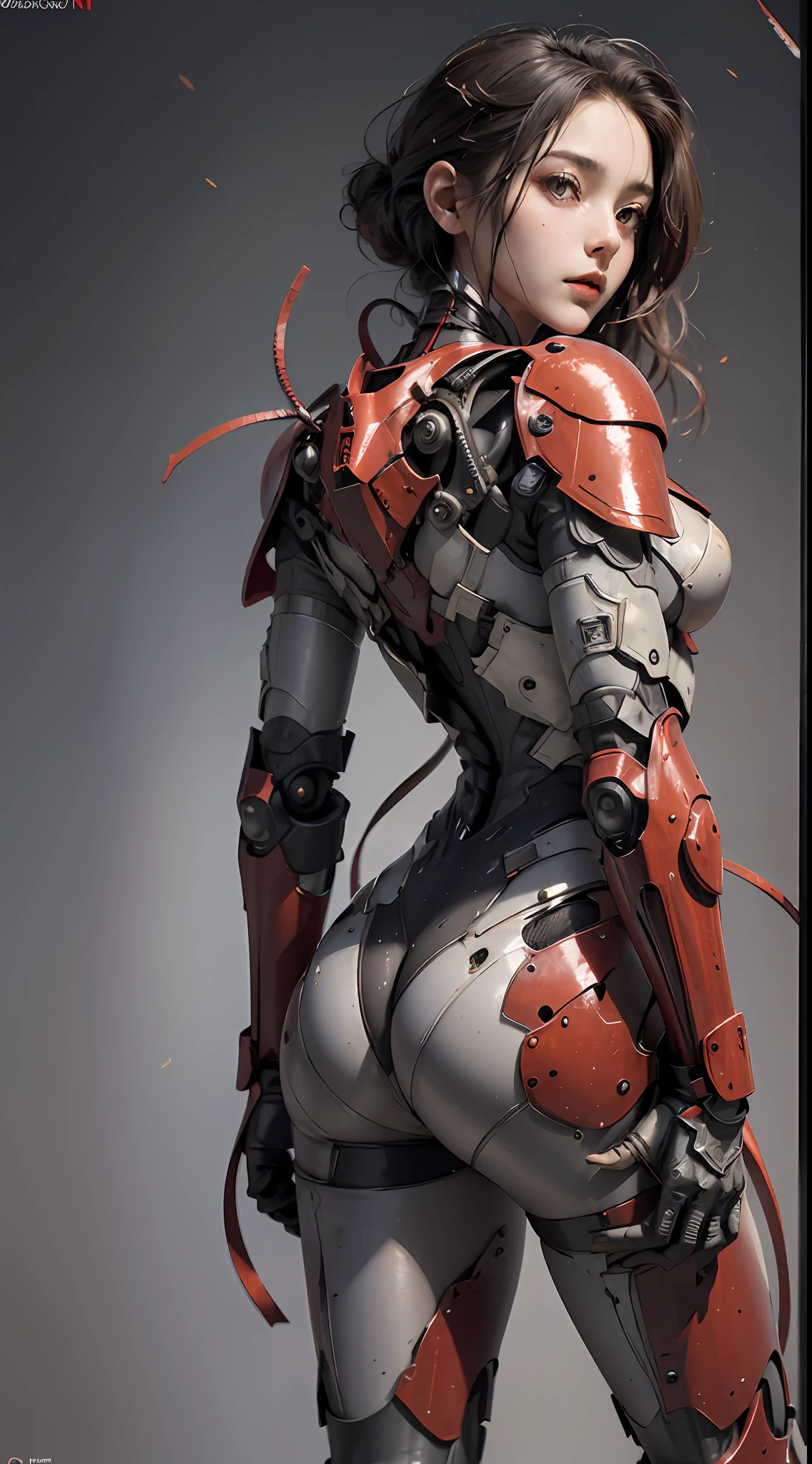 (Masterpiece), (Best quality), Photorealism, Realistic, Ultra detailed, Perfect face, Perfect body, 1girll, Beautiful girl, Girl in red armor, Mechanical armor, exoskeleton, Stand, Cool pose, Sexy, Watching from behind