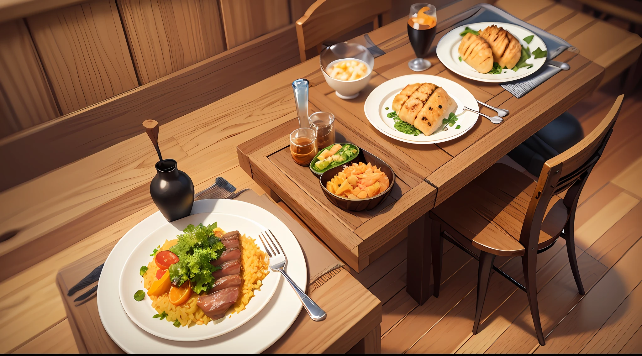 Estilo dos desenhos animados, mapa da atmosfera da cena do jogo, estilo Pixar, aroma de laranja, several plates of food on the table, arroz frito com cebola verde e ovo, carne de porco refogada, peixe cozido no vapor, copo de bebida de vidro, restaurante para a noite, estilo de jogo casual, baixo poli, lowpoly, melhor detalhe, 3d, obra-prima, melhor qualidade, Unreal Engine, Cartoon rendering, 8K, [Inviting image of a table filled with delicious dishes and a family smiling and sharing a meal.]