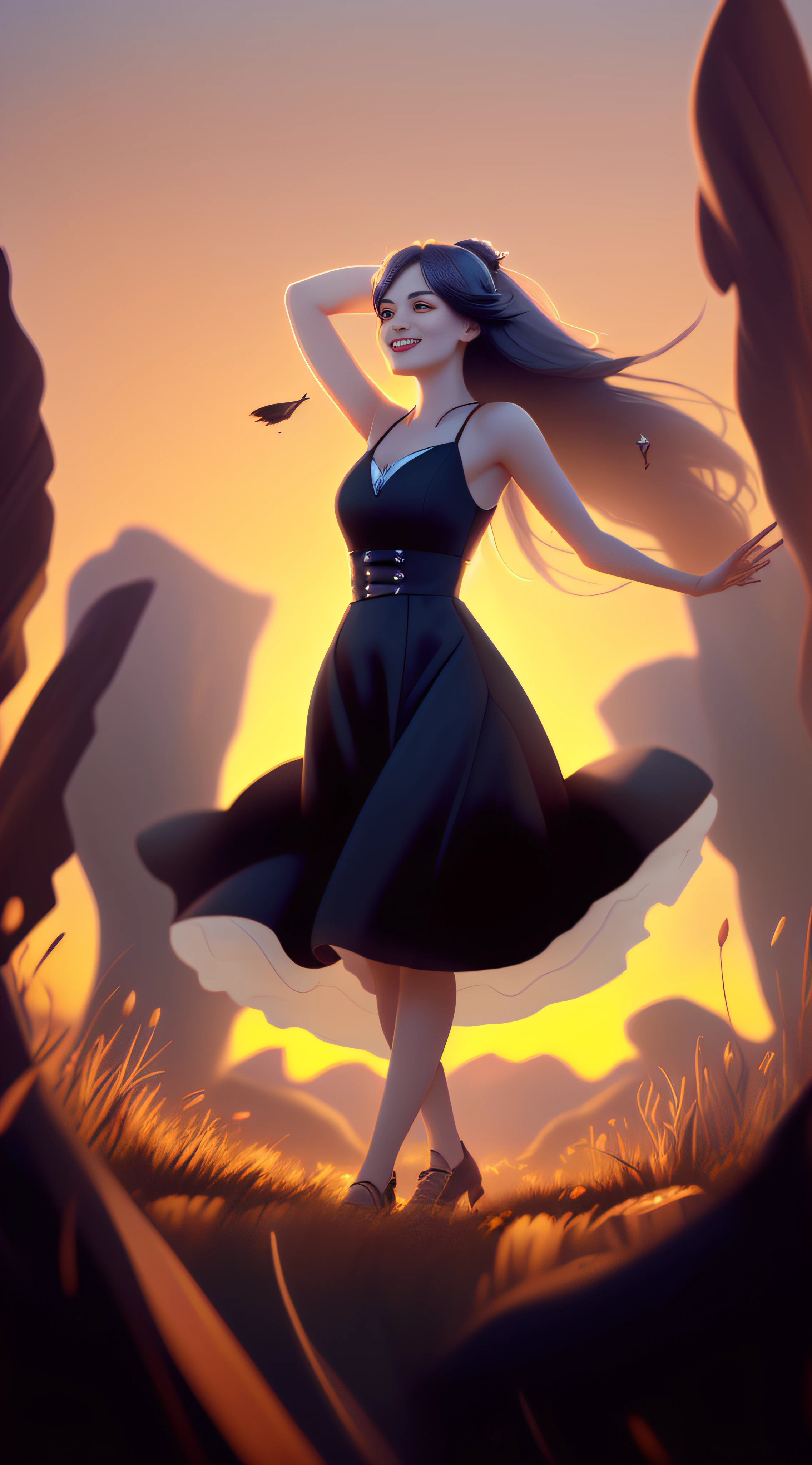 (((wide-angle image))) of a ((BEAUTIFUL COWGIRL)) girl in the ((field)) At ((sunset)), ((high detail)), ((dancing happily outdoors)) with ((long black dress)) and ((long hair blowing in the wind)), ((sunset scene)).