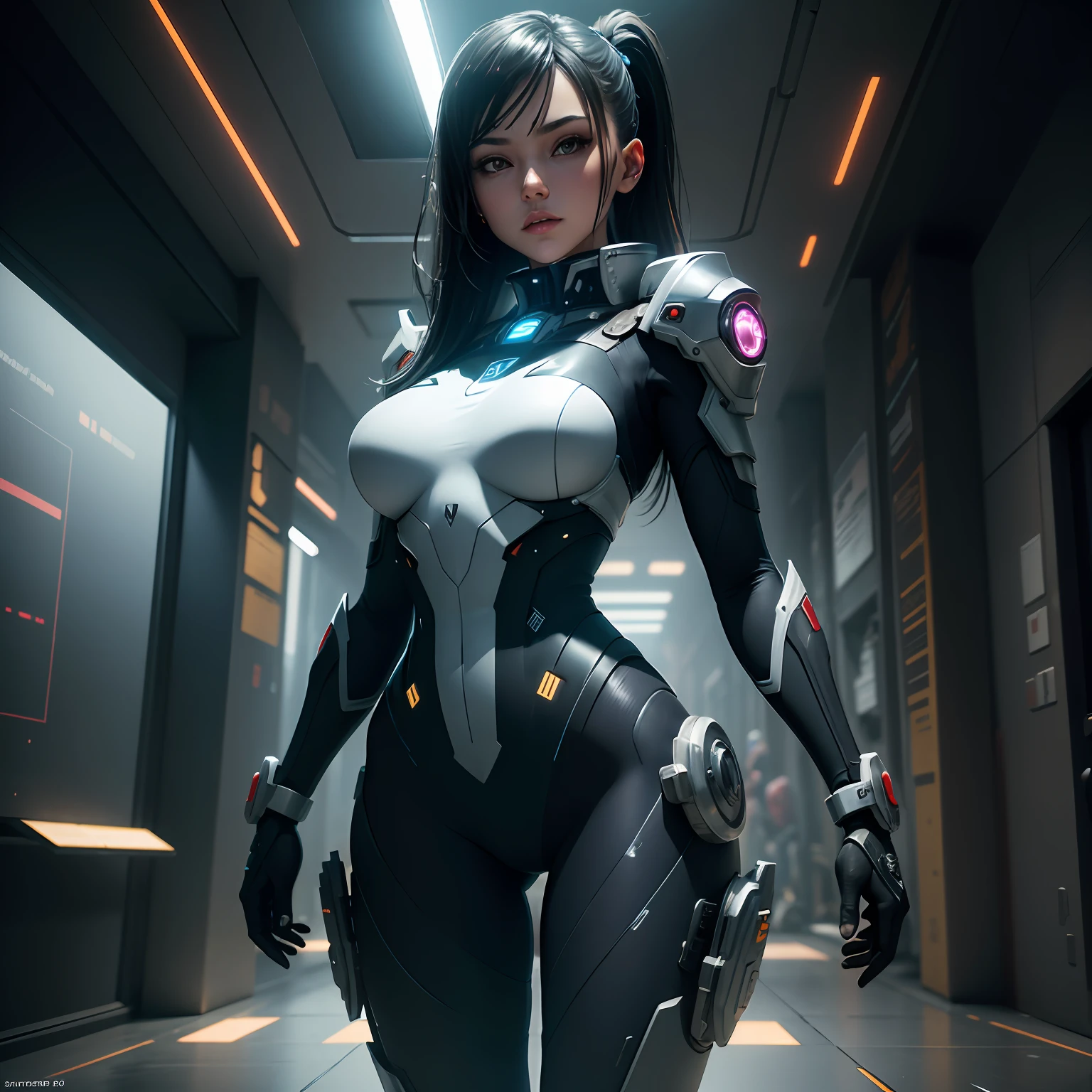best qualtiy，tmasterpiece，detail depiction：1.9，3D，A beautiful cyberpunk female image，High-density imagery，HighDynamicRange，Ray traching，NVIDIA RTX，Hyper-Resolution，Unreal 5，Subsurface scattering、PBR Texture、post-proces、Anisotropy Filtering、depth of fields、maximum definition and sharpness、Many-Layer Textures、Albedo e mapas Speculares、Surface coloring、Accurate simulation of light-material interactions、perfectly proportions、tightsuit、Perfect dissection、rendering by octane、Two-colored light、largeaperture、Low ISO、White balance、the rule of thirds、8K raw data、Realistic lighting，cold light，mechs，detail-rich