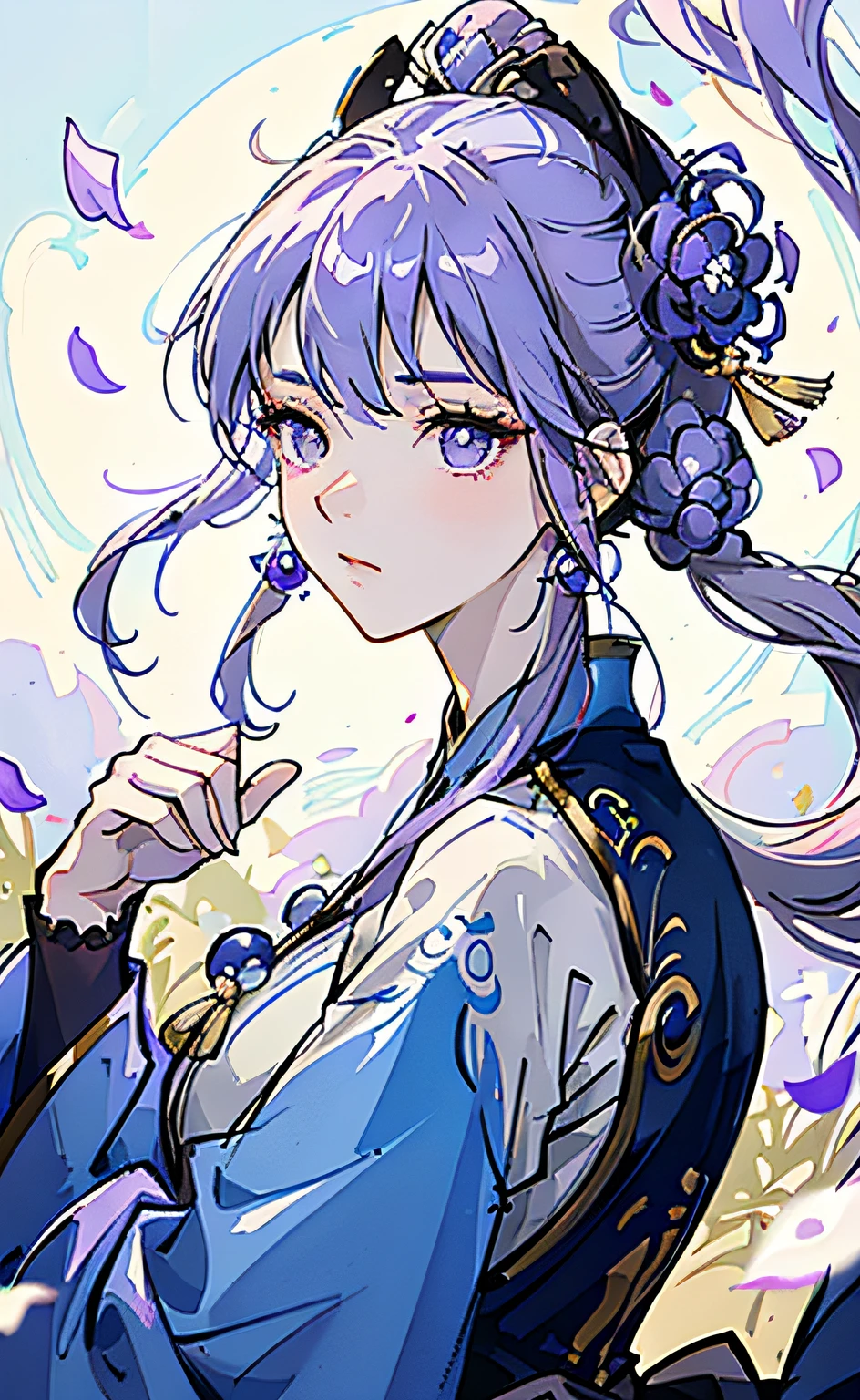 Mature girl, purple eyes, blue-white hair color, floating hair, delicate and flexible eyes, intricate damask hanfu, gorgeous accessories, wearing pearl earrings, fov, f/1.8, masterpiece, ancient Chinese architecture, blue sky, flower petals flying, front portrait shot, Chang'e, side lighting, sunlight on people, 8K