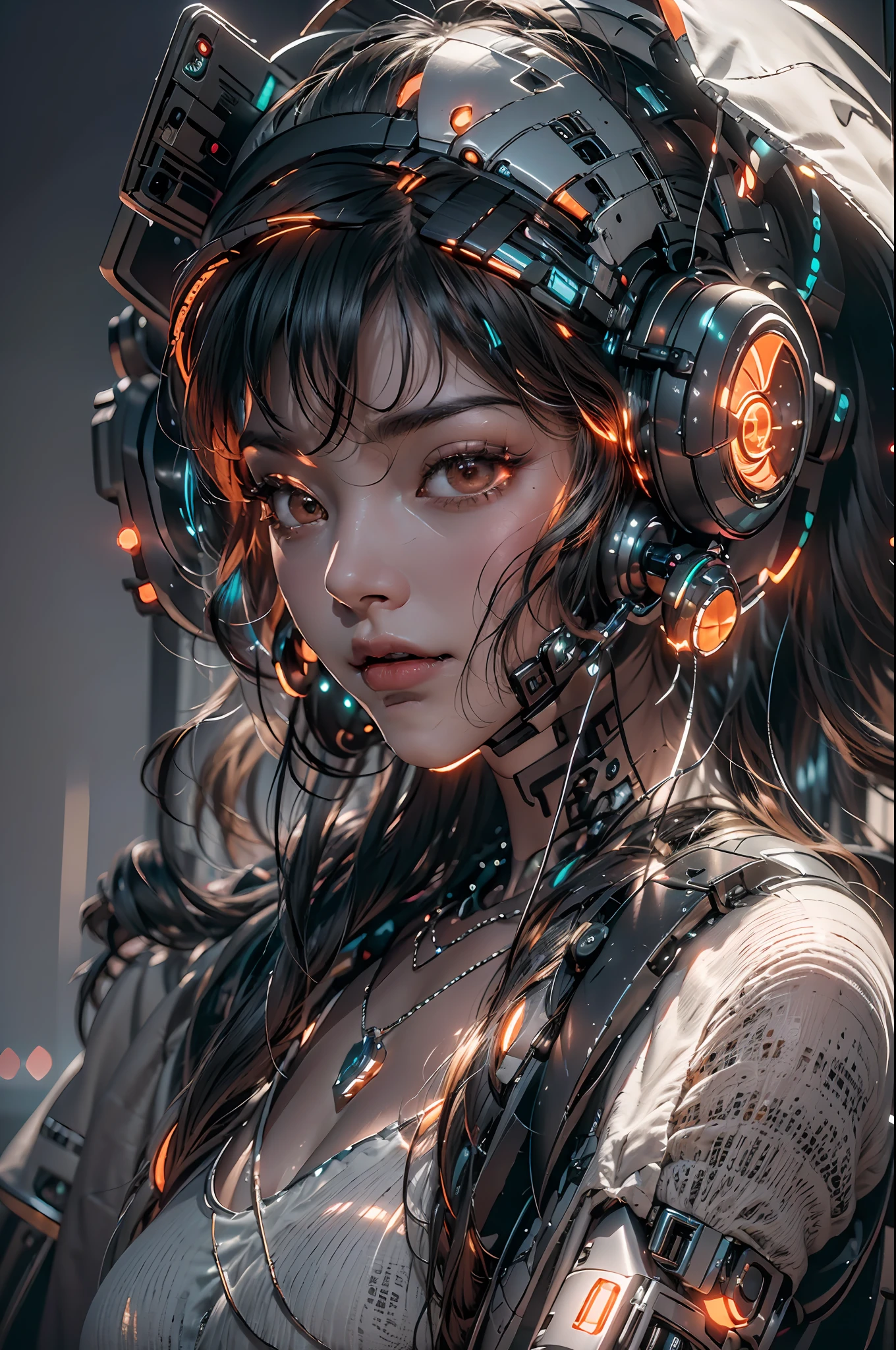 1girll,Perfect facial features,delicated face,(cyber punk perssonage:1.3),Bring headphones,Illuminated helmet and headphones,glowing jewelry,Glowing earrings,Glowing necklace,inside in room,Electronic wire background,best qualtiy,tmasterpiece,Movie filter presets,movie level lighting,c4d渲染,rendering by octane,with light glowing,((Orange light)),(full bodyesbian:1.5),slender leg,perfect foot,High chiaroscuro,(There is no light on the face :1.5)