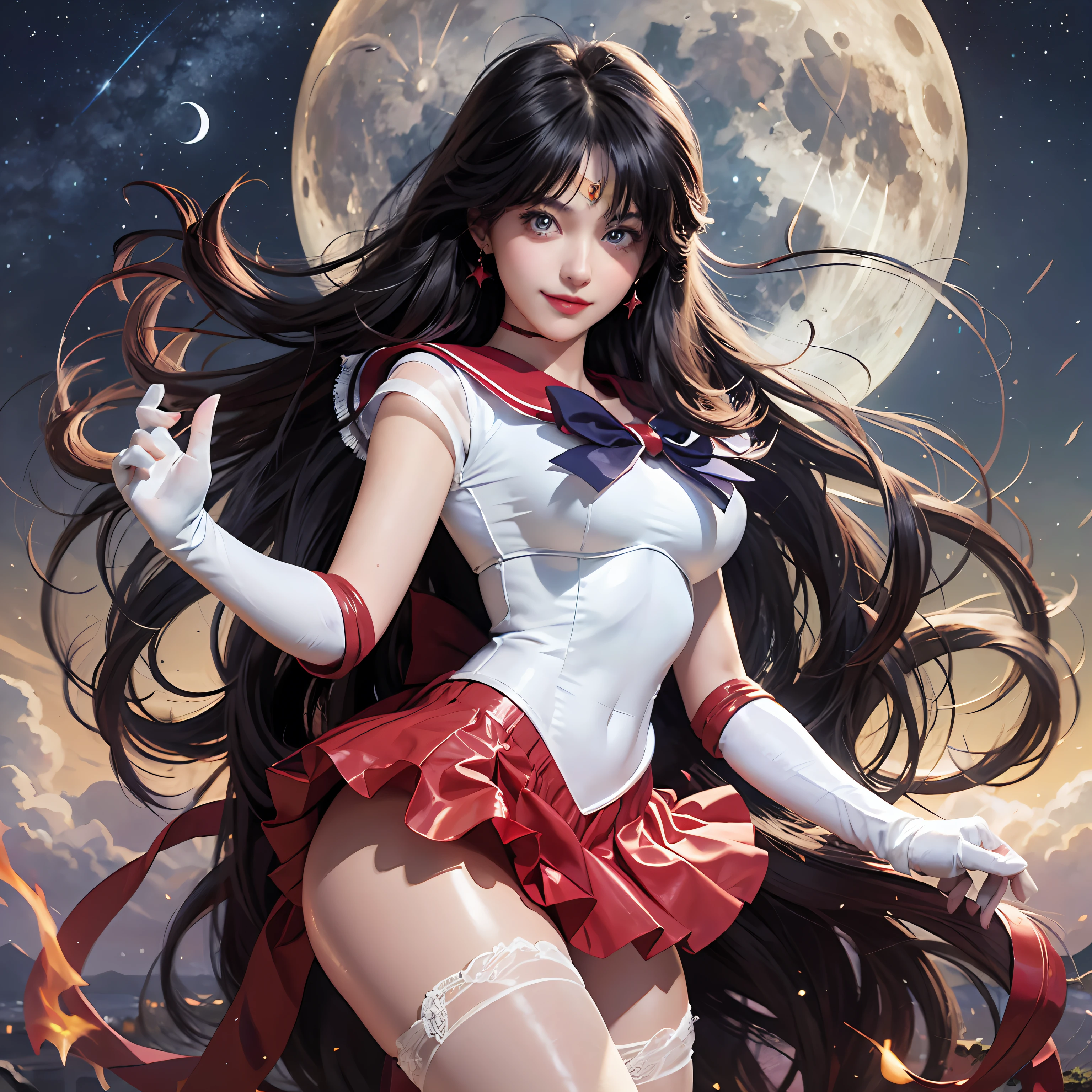 Full moon background、 Very detailed ArtGerm hahaha, portrait knights of zodiac girl, Artgerm jsc, ! Dream ArtGerm hahaha, Trending on CGSTATION, ig model | ArtGerm, artgerm style, as seen on artgerm, knights of zodiac girl, Sailor Moon's black hair、​masterpiece, top-quality, hight resolution, Mer1, radiant eyes、perfect eyes、 Sailor Senshi Uniform, 、Red Latex Skirt, Red sailor color, Sailor Mars、tiarra, bow ribbon, collars, White elbow gloves, jewely, 耳Nipple Ring, White Latex Leotard, 1 girl in、cute little、(beautidful eyes)、(A smile:1.2)、Having stars and moon in the skyＣＧ、Fantasiaｃｇ、Bright moon、Bright moonlit star environment、fantasy knight、starrysky、full body glowing eyes、perfect eyes、The Divinity of Flame、full body Esbian