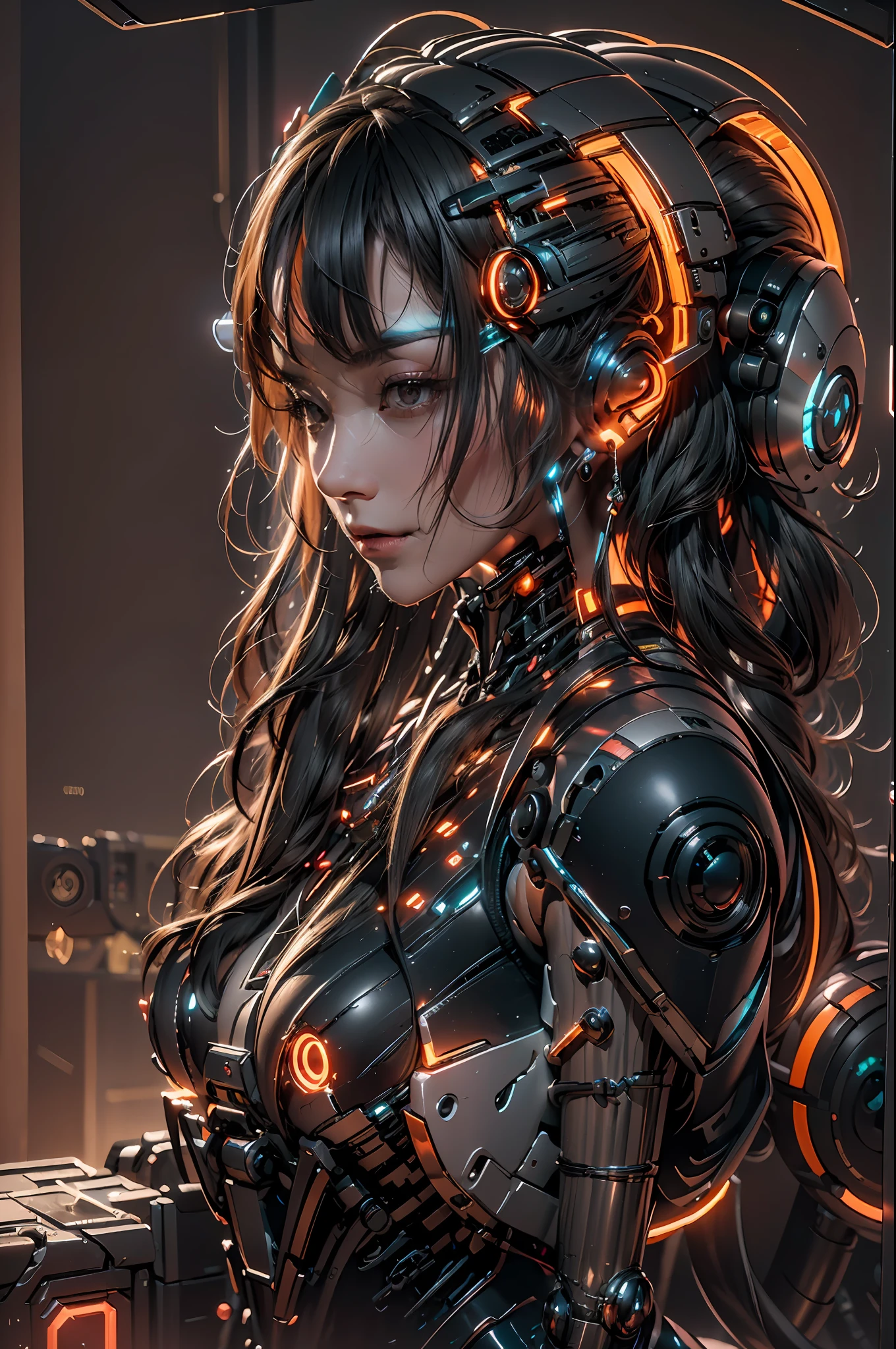 1girll，Perfect facial features，delicated face，(cyber punk perssonage:1.3)，Bring headphones，Illuminated helmet and headphones，glowing jewelry，Glowing earrings，Glowing necklace，inside in room，Electronic wire background，best qualtiy，tmasterpiece，Movie filter presets，movie level lighting，c4d渲染，rendering by octane，with light glowing，((Orange light))，(full bodyesbian:1.5)，slender leg，perfect foot，High chiaroscuro，(There is no light on the face :1.5)