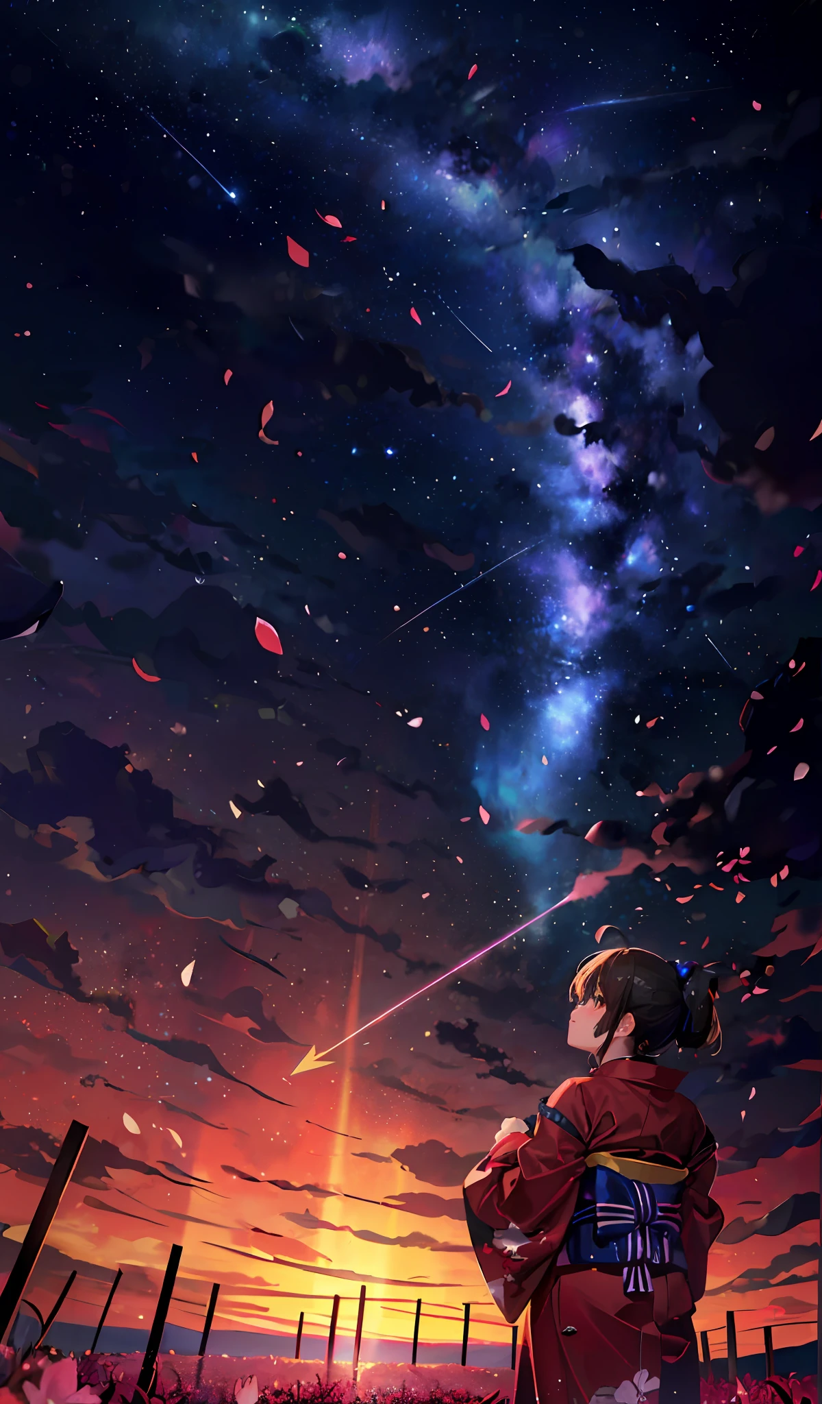 One, distant girl in kimono staring at the stars (reduced: 1.1), (meteor shower: 1.2), (comet: 1.1), your name, low angle, from behind, arrow labrealis shooting star, yukata, red kimono, cherry blossoms, highest quality standing in the field, masterpiece, clouds, colorful, starry sky, stars,