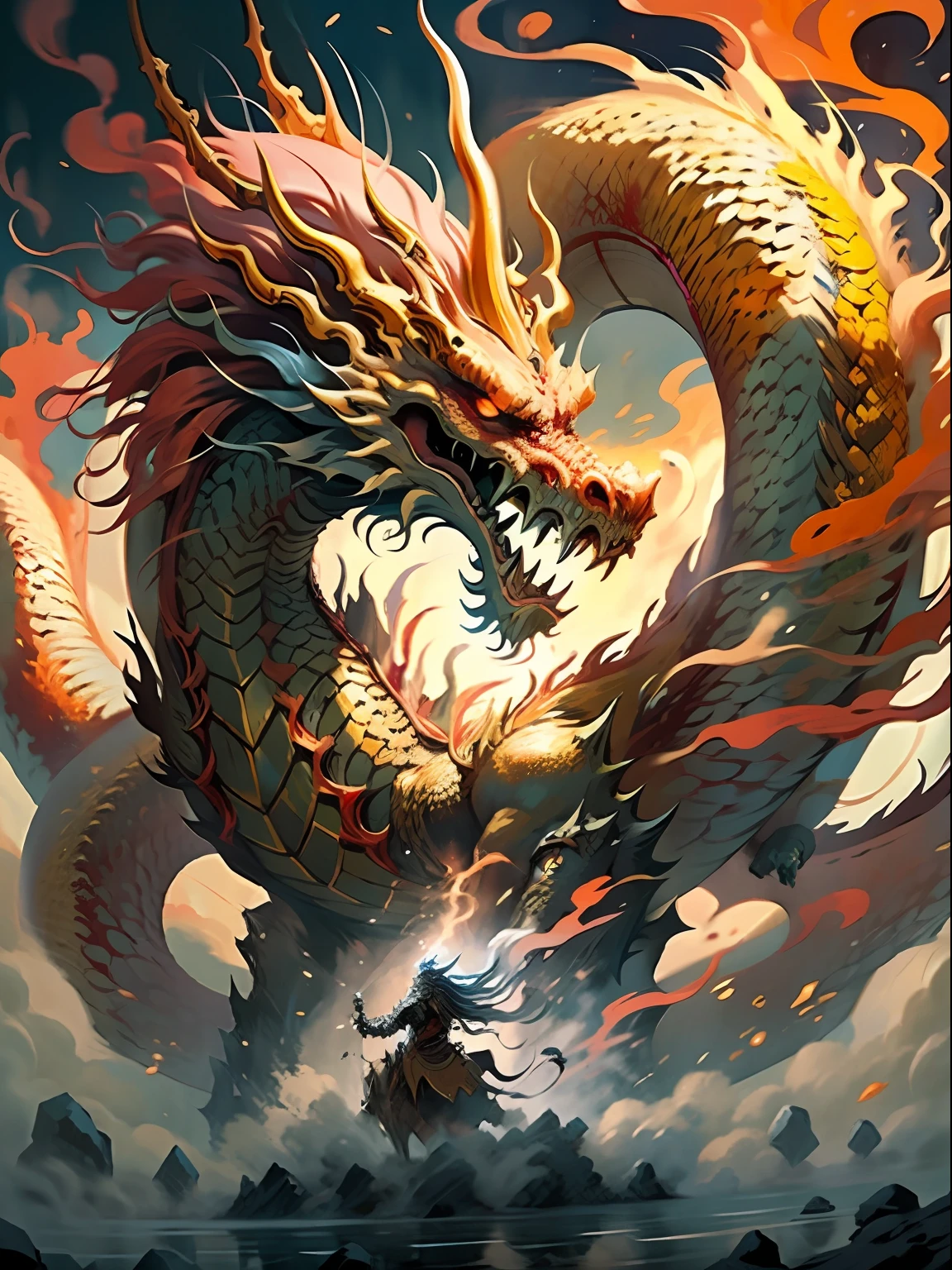 1 dragon, fiery breath, fighting knight, knight in armor, battle, intense,