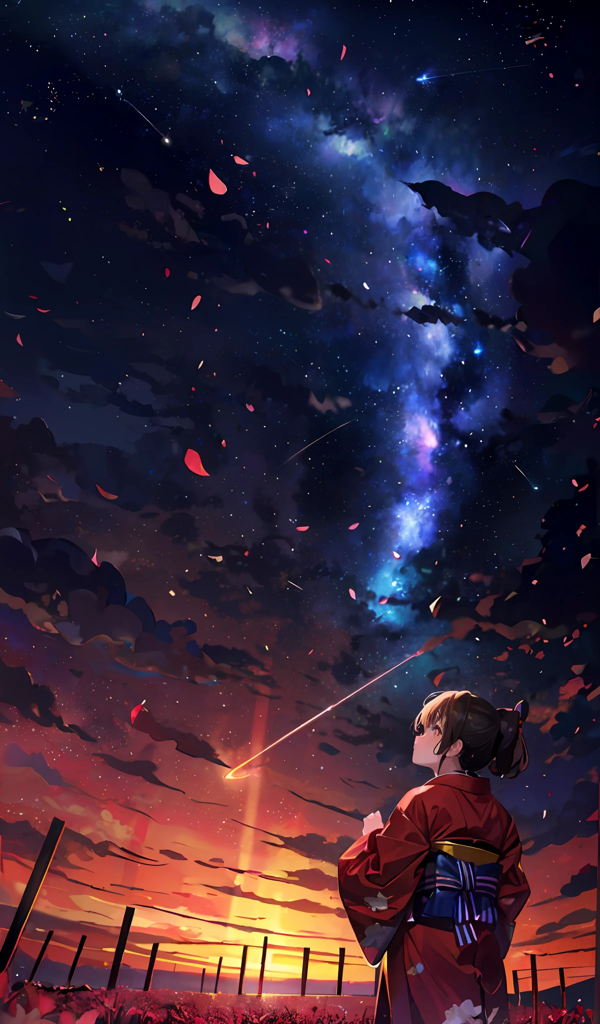 One, distant girl in kimono staring at the stars (reduced: 1.1), (meteor shower: 1.2), (comet: 1.1), your name, low angle, from behind, arrow labrealis shooting star, yukata, red kimono, cherry blossoms, highest quality standing in the field, masterpiece, clouds, colorful, starry sky, stars,