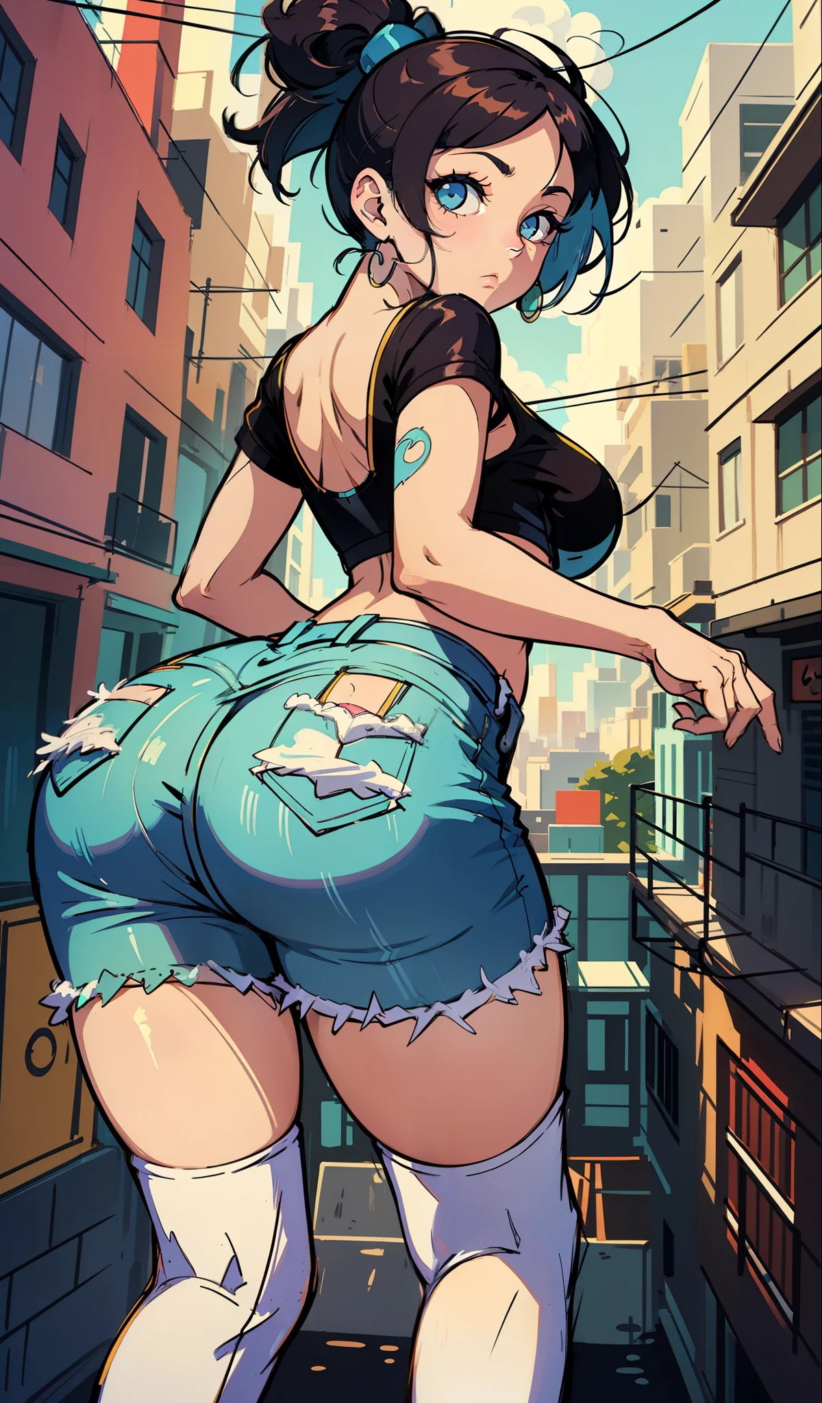 The Powerpuff Girls, muito sensual, com roupas de funkeira, brasileira, na cidade do rio de janeiro, Brasil, dancing funk, rebolando, bunda grande, pernas grossas, usando um short jeans extremamente curto, showing a piece of ass, Micro Short Curto, usando uma mini blusa, umbigo com pirsing, sneakers Nike, cabelo comprido, Speaker behind, corpo inteiro, muito realista, extremamente Realista, extremamente sexy, 8k, 8k extremamente detalhado), (um extremamente delicado e bonito), (obra-prima), (melhor qualidade: 1.0), (ultra highres:1.0)