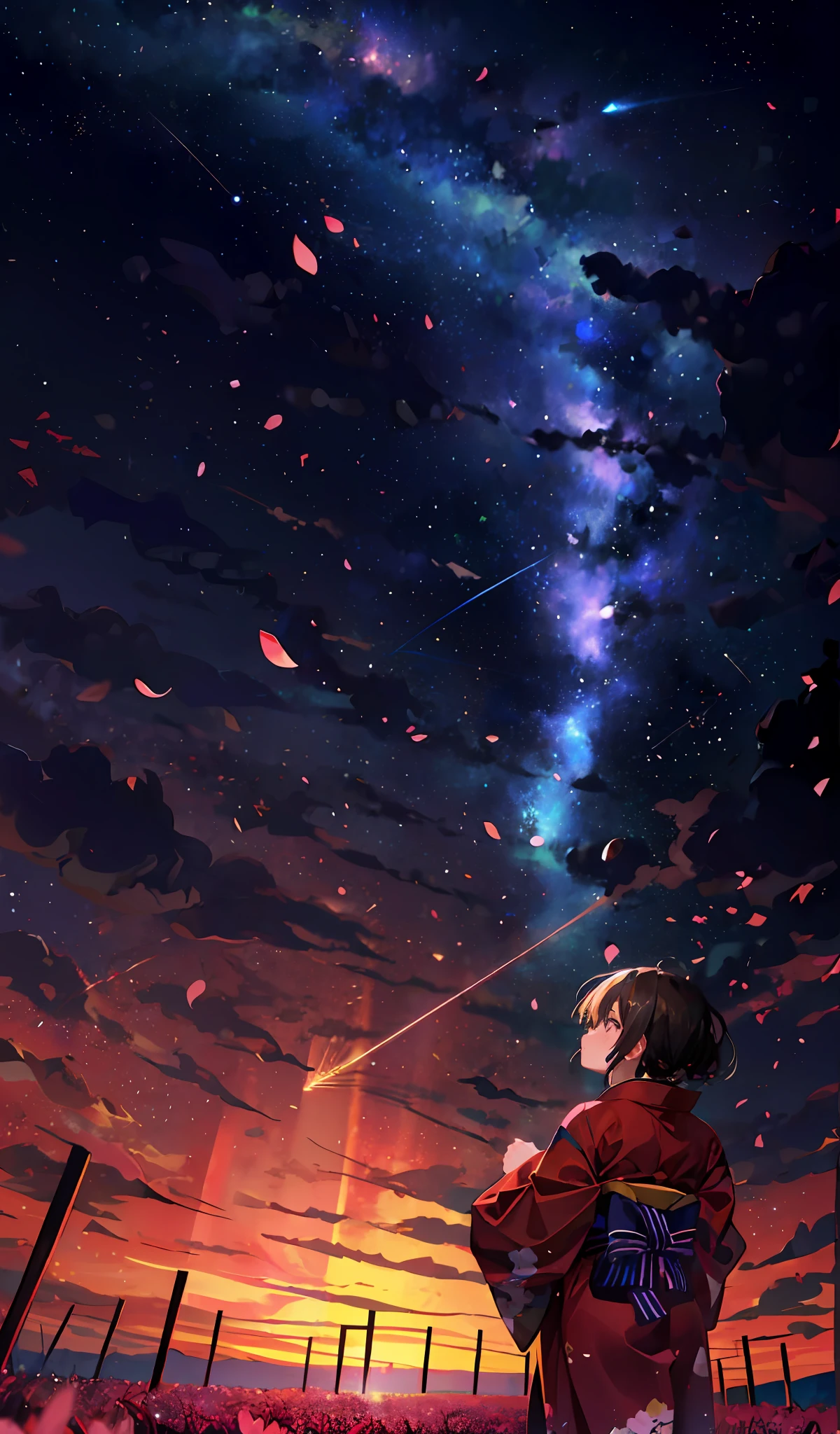 One, distant girl in kimono staring at the stars (reduced: 1.1), (meteor shower: 1.2), (comet: 1.1), your name, low angle, from behind, arrow labrealis shooting star, yukata, red kimono, cherry blossoms, highest quality standing in the field, masterpiece, clouds, colorful, starry sky, stars,