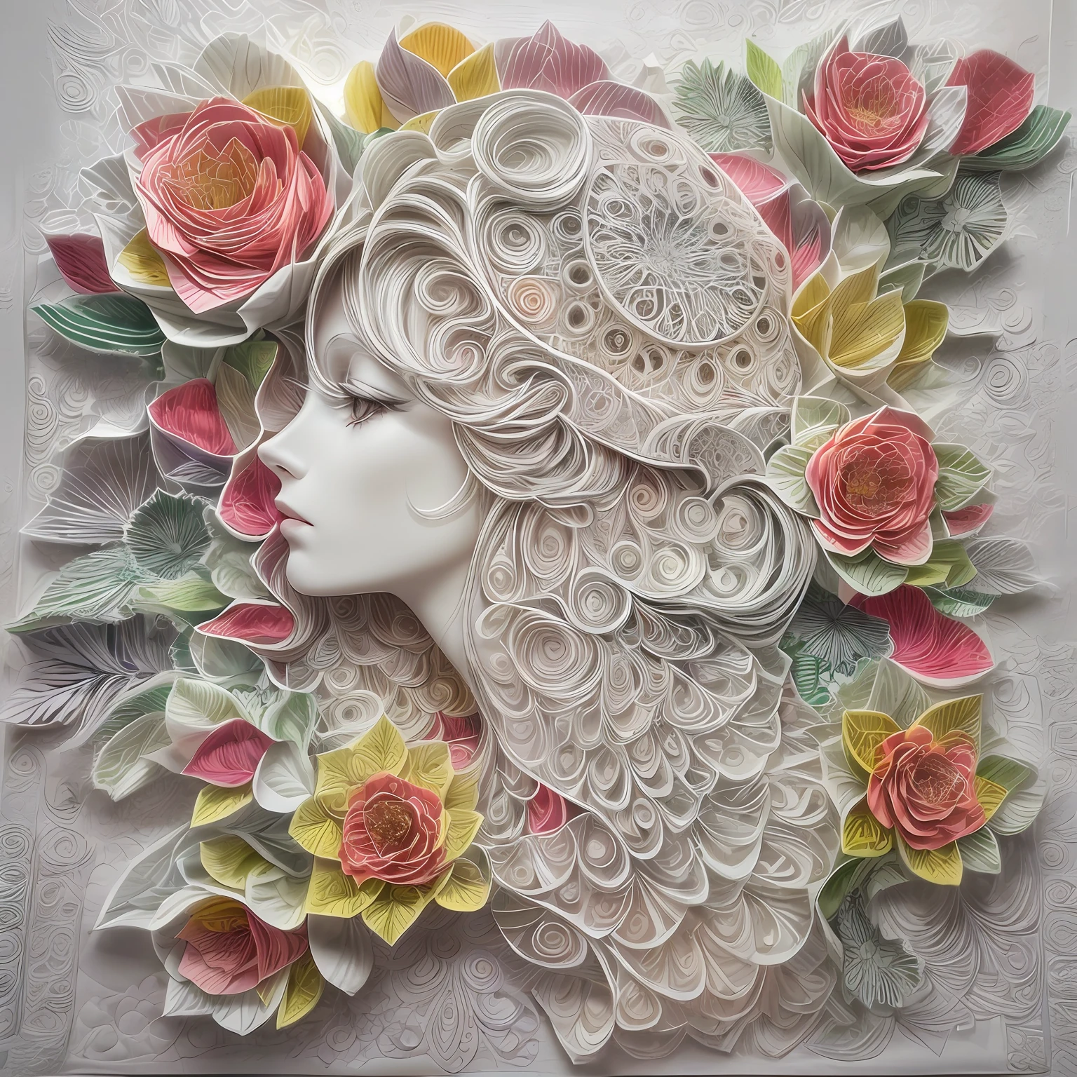 (The silhouette of a beautiful woman,Colorful camellias),White background,(paper art, Quilted paper art:1.2, geomerty:1.1, zentangle,a 3D render), (extremely colorful, Best quality, Detailed details, Masterpiece, offcial art, movie light effect, 4K)