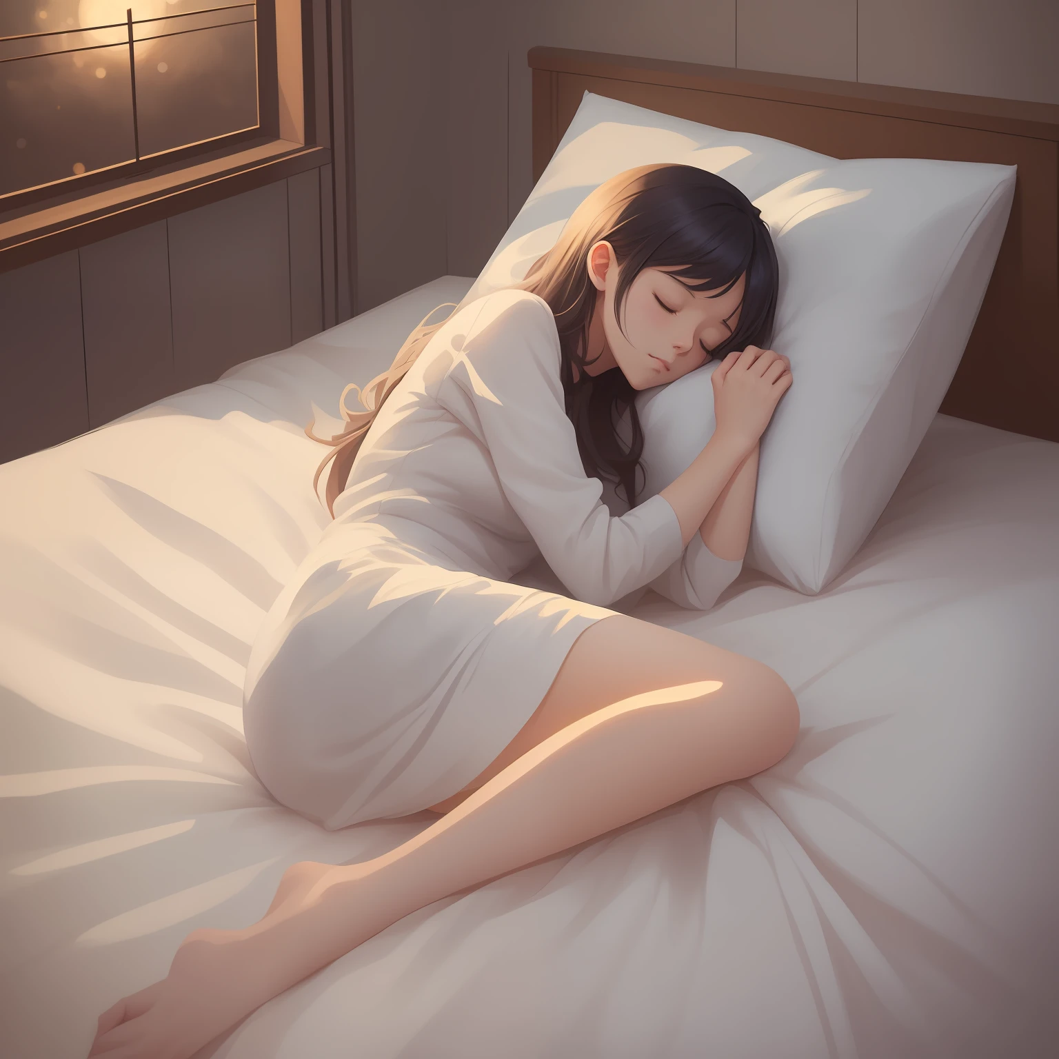 there is a woman sleeping in a bed with a white sheet, a digital painting inspired by WLOP, pixiv contest winner, digital art, soft digital painting, soft anime illustration, artwork in the style of guweiz, serene illustration, blurry and dreamy illustration, calm night. digital illustration, realistic digital painting, realistic cute girl painting, painted in anime painter studio