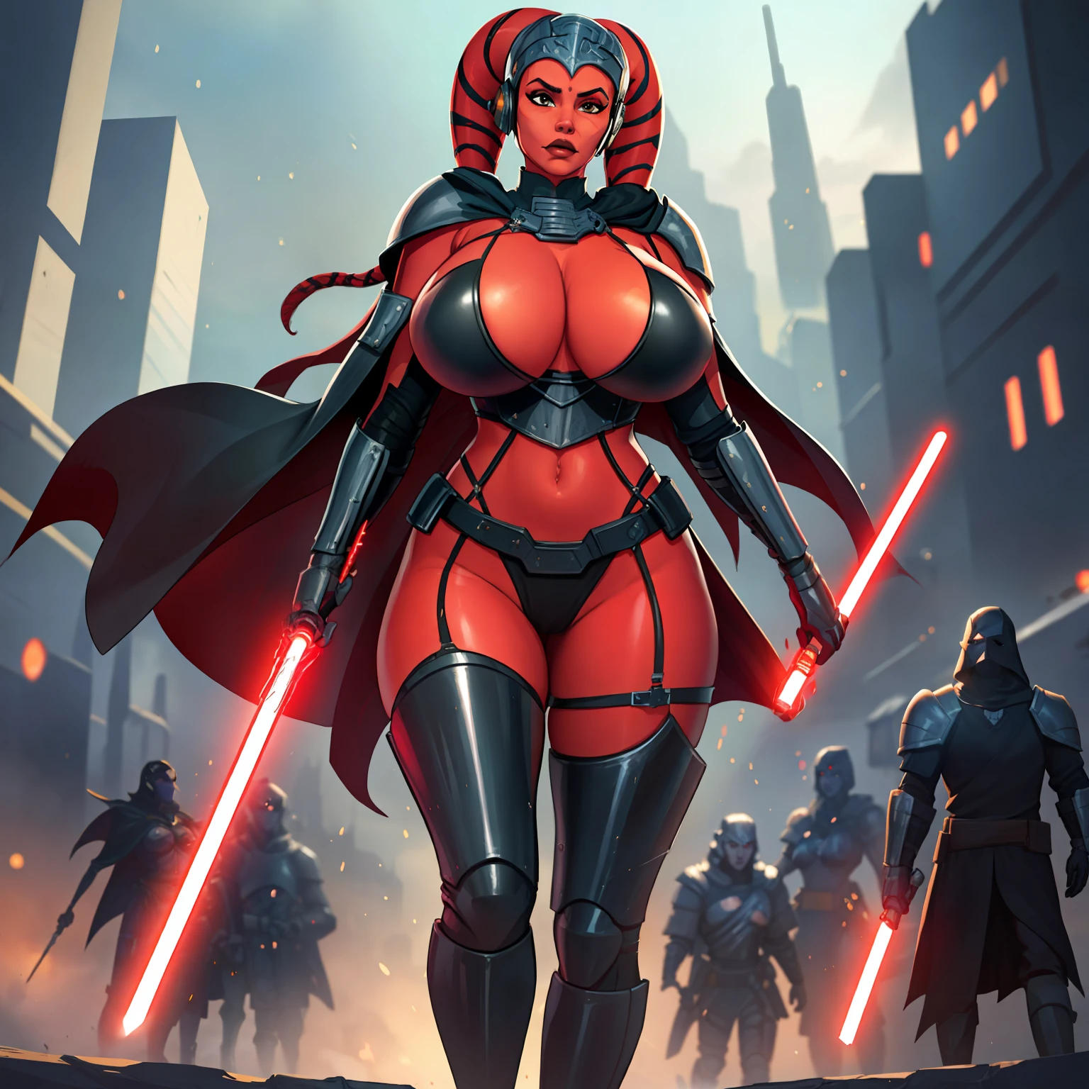 armor, busty, athletic, gigantic boobs, ((red skin), twi'lek), dual red lightsabers, evil space knight, space ninja, (wearing black robes, black stealth armor, breastplate, tunic, tabard, cowl, cloak, body glove, straps, buckles, skirts, long sleeves, fantasy, ((armor))), ((busty), slender body, thin, slim sexy body, slim waist, long legs, toned legs, (((top heavy, gigantic breasts)))), Imperial starship, Star Wars, action scene, fighting