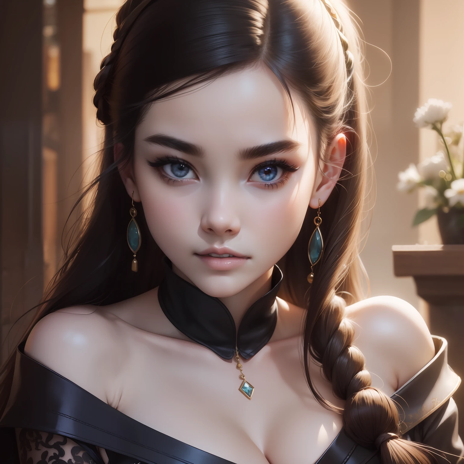 best qualtiy，tmasterpiece，超高分辨率，（realisticlying：1.4），1girll，bshoulders，big breasts enchanting，looking at the camera in，Willow eyebrows，babyfat，goodness，big breasts beautiful，Keep one's mouth shut