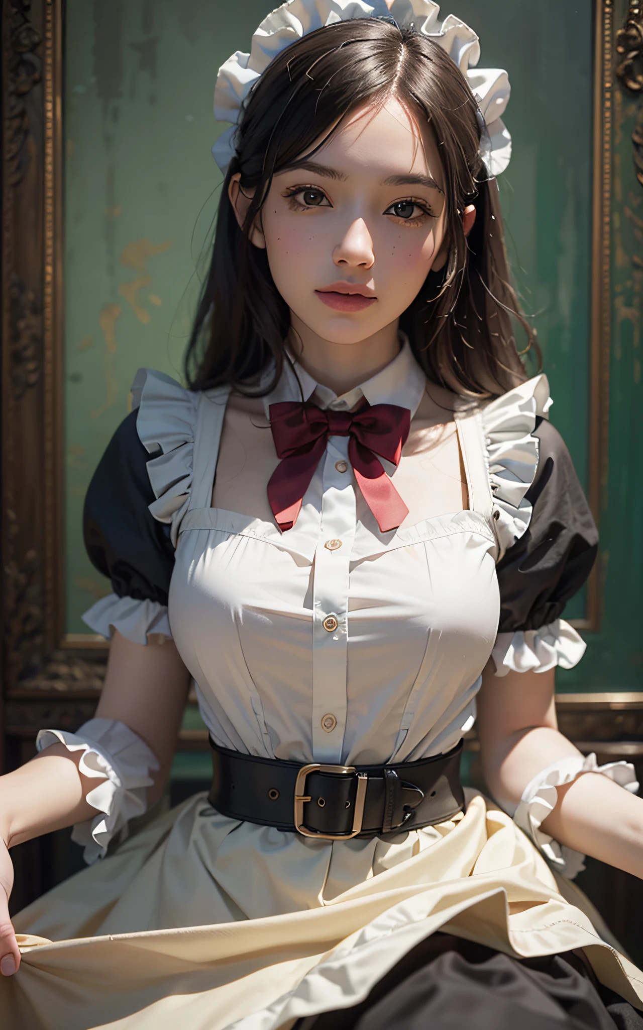 (8K, Raw photo, Best Quality, masutepiece:1.2), high-definition RAW color photography, professional photograpy, cowboyshot, (Realistic, photographrealistic:1.37), ((Best Quality)), 25 year old woman, Cinematic Light, (finerly detailed face:1.2), (masutepiece:1.5), (Best Quality:1.2), (Mole:0.5), (Smiling:0.9), (Looking at Viewer:1.2), (Skirt lift:1.4), Wrinkled white panties, bowtie, (Detailed Maid:1.2)